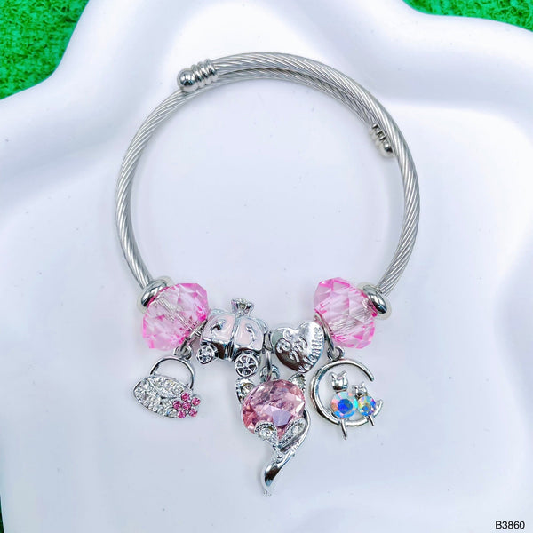 Beads Heart Pink Silver CZ Copper Anti Tarnish Charm Bracelet Bulk Main image