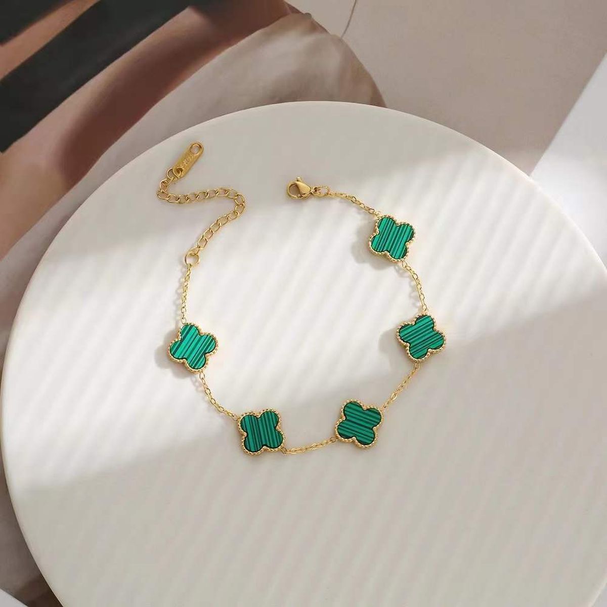 Green Malachite Clover Gold Anti Tarnish Stainless Steel Bracelet Bulk