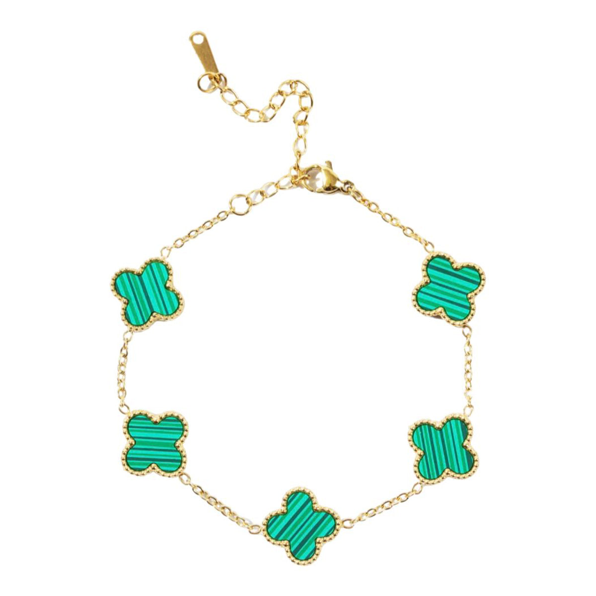 Green Malachite Clover Gold Anti Tarnish Stainless Steel Bracelet Bulk