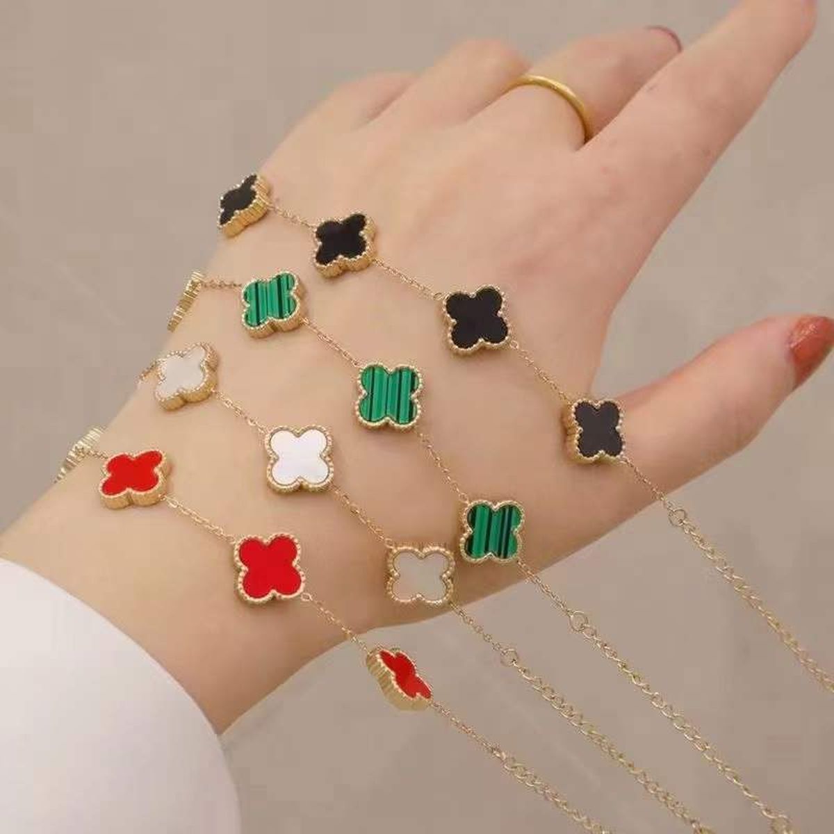 Green Malachite Clover Gold Anti Tarnish Stainless Steel Bracelet Bulk