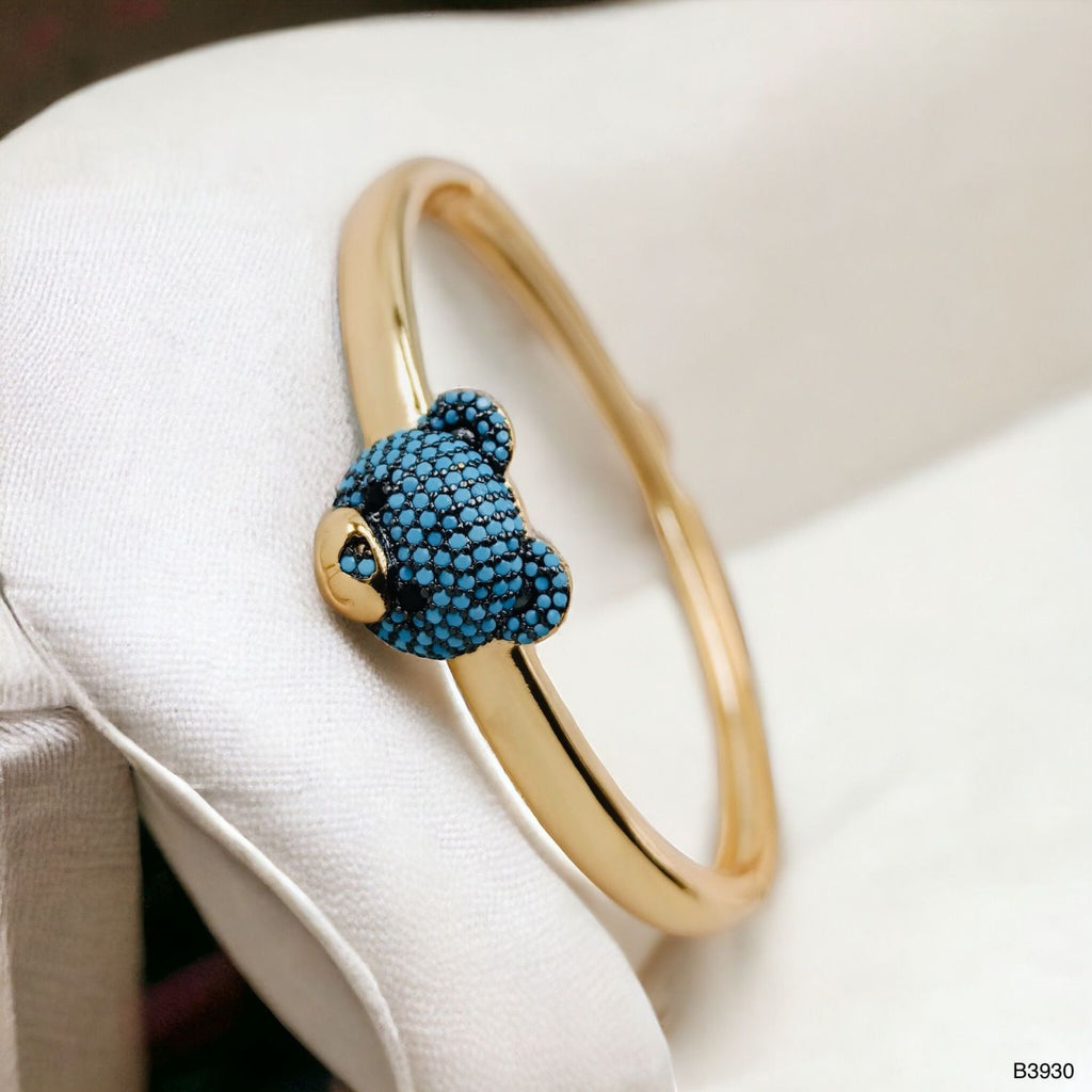 Turquoise Blue Sapphire Teddy Bear 18K Gold Anti Tarnish Openable Kada Bangle for Women