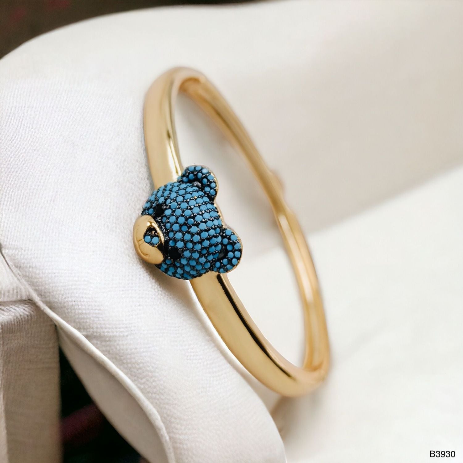 Turquoise Blue Sapphire Teddy Bear 18K Gold Anti Tarnish Openable Kada Bangle for Women
