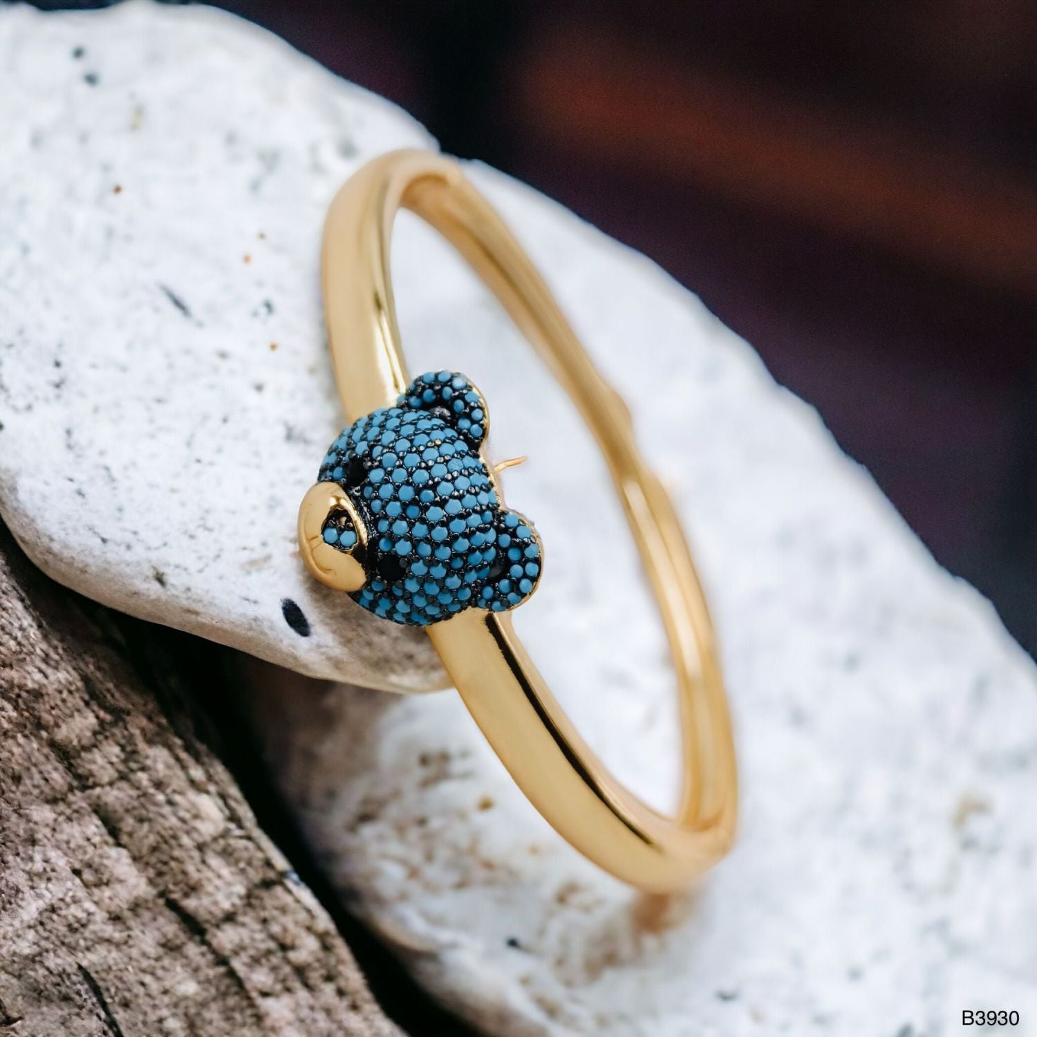 Turquoise Blue Sapphire Teddy Bear 18K Gold Anti Tarnish Openable Kada Bangle for Women