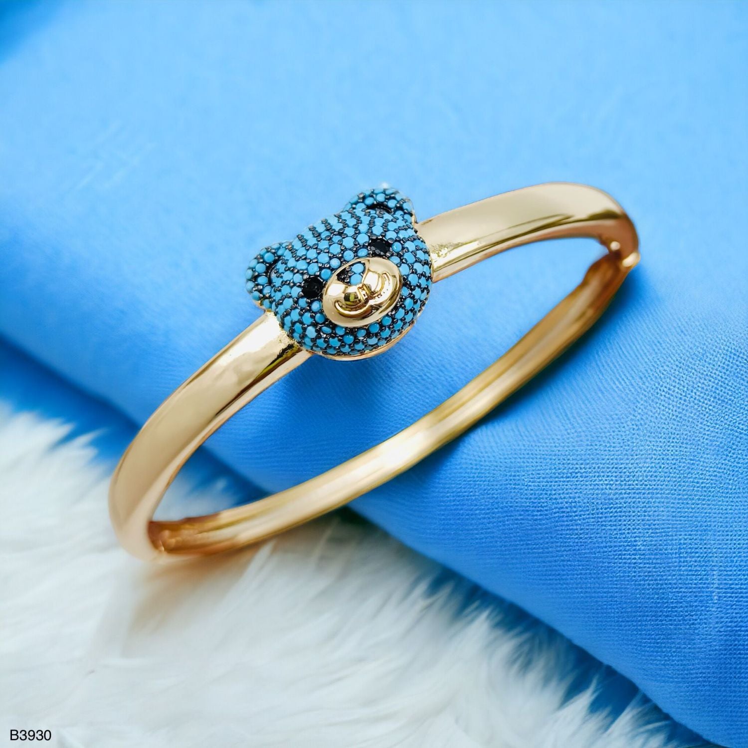 Turquoise Blue Sapphire Teddy Bear 18K Gold Anti Tarnish Openable Kada Bangle for Women