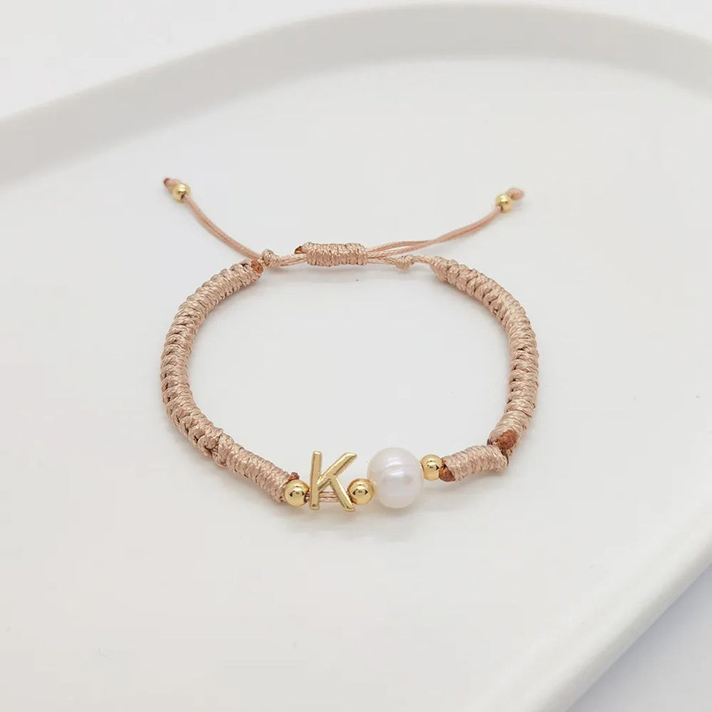 A Personalised Letter Alphabet Initial Pearl Braided Beige Rope Adjustable Thread Bracelet