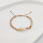 A Personalised Letter Alphabet Initial Pearl Braided Beige Rope Adjustable Thread Bracelet