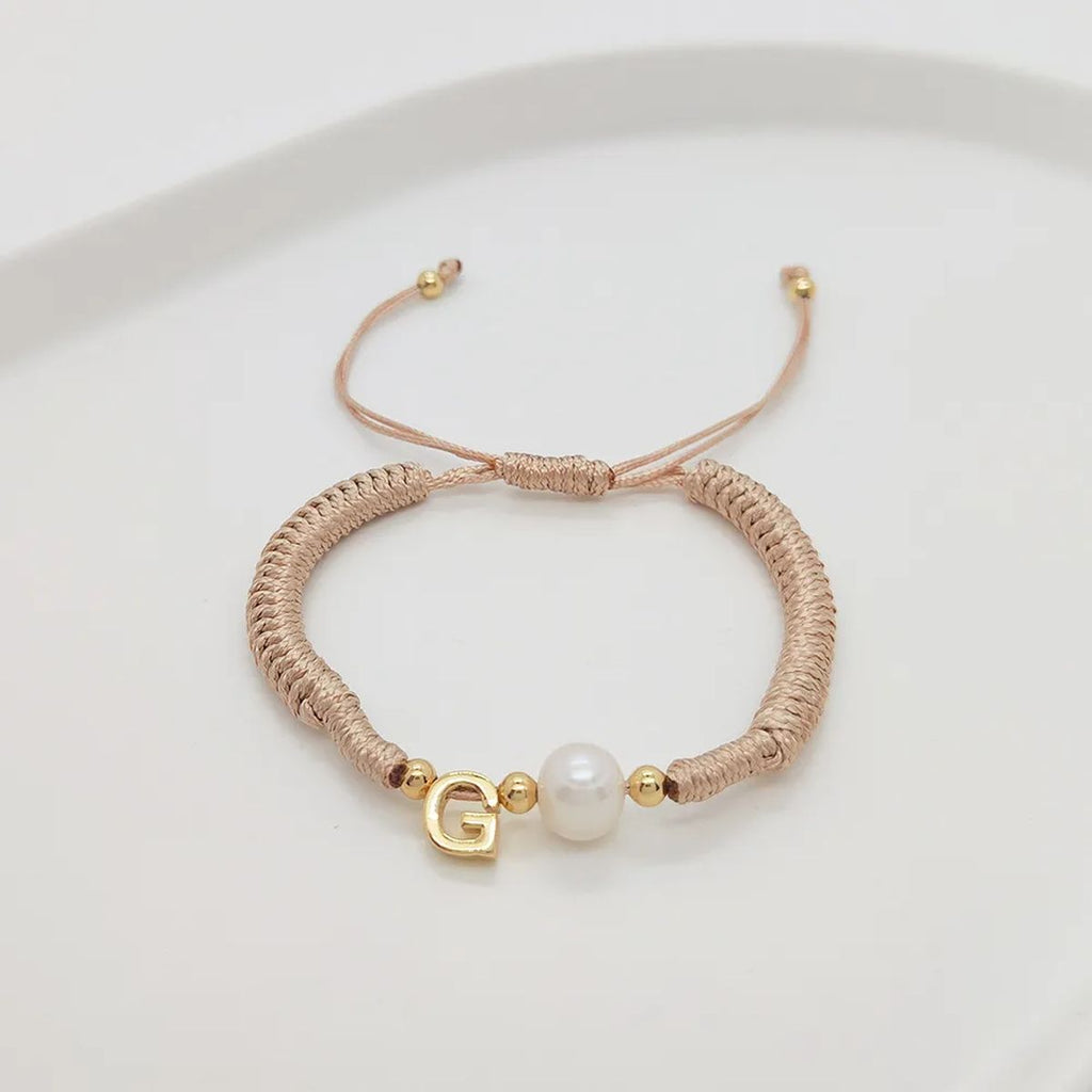 A Personalised Letter Alphabet Initial Pearl Braided Beige Rope Adjustable Thread Bracelet
