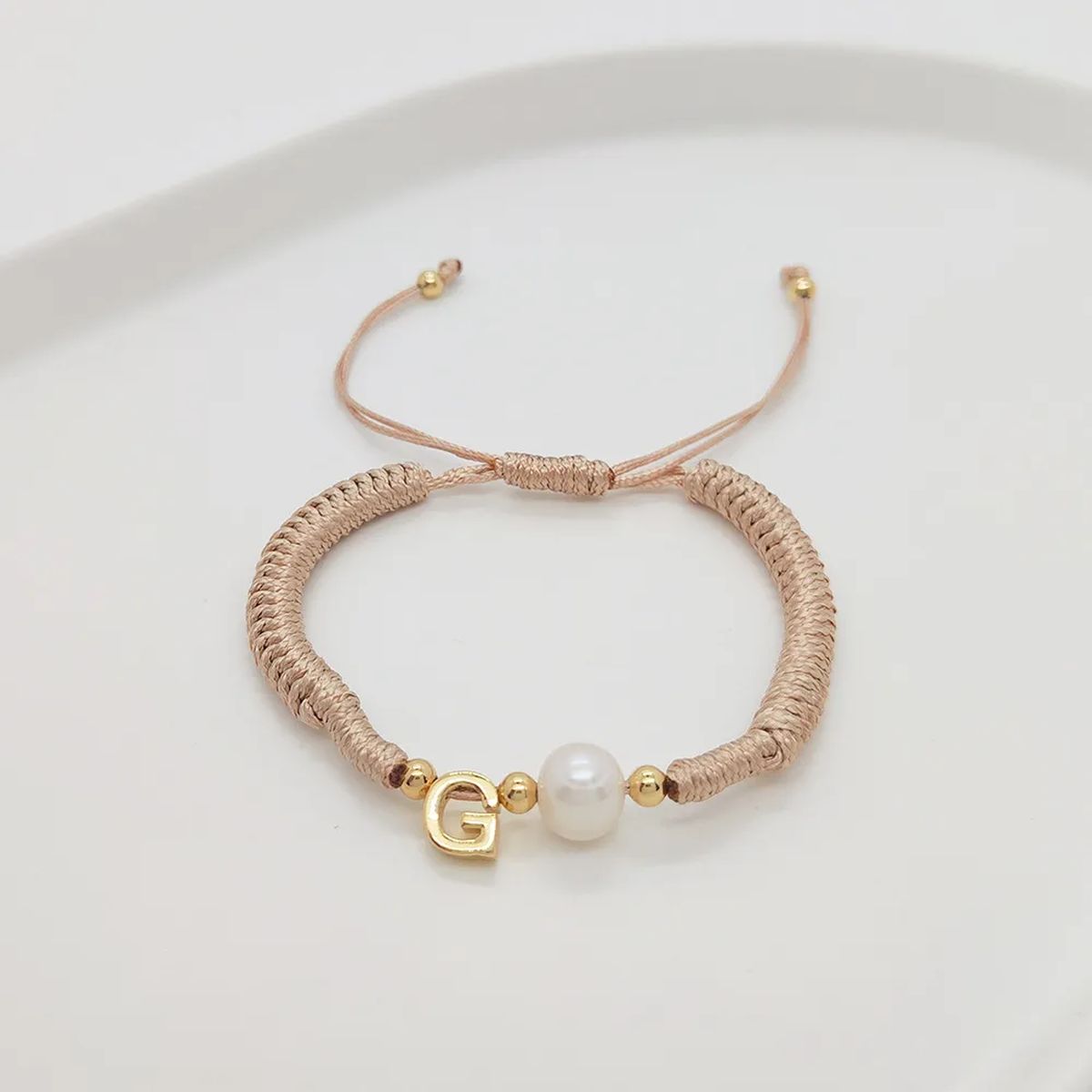 A Personalised Letter Alphabet Initial Pearl Braided Beige Rope Adjustable Thread Bracelet