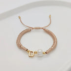 A Personalised Letter Alphabet Initial Pearl Braided Beige Rope Adjustable Thread Bracelet