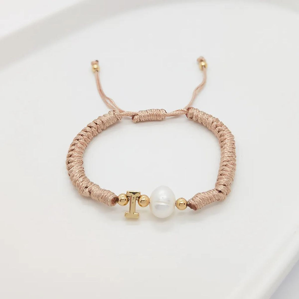 A Personalised Letter Alphabet Initial Pearl Braided Beige Rope Adjustable Thread Bracelet