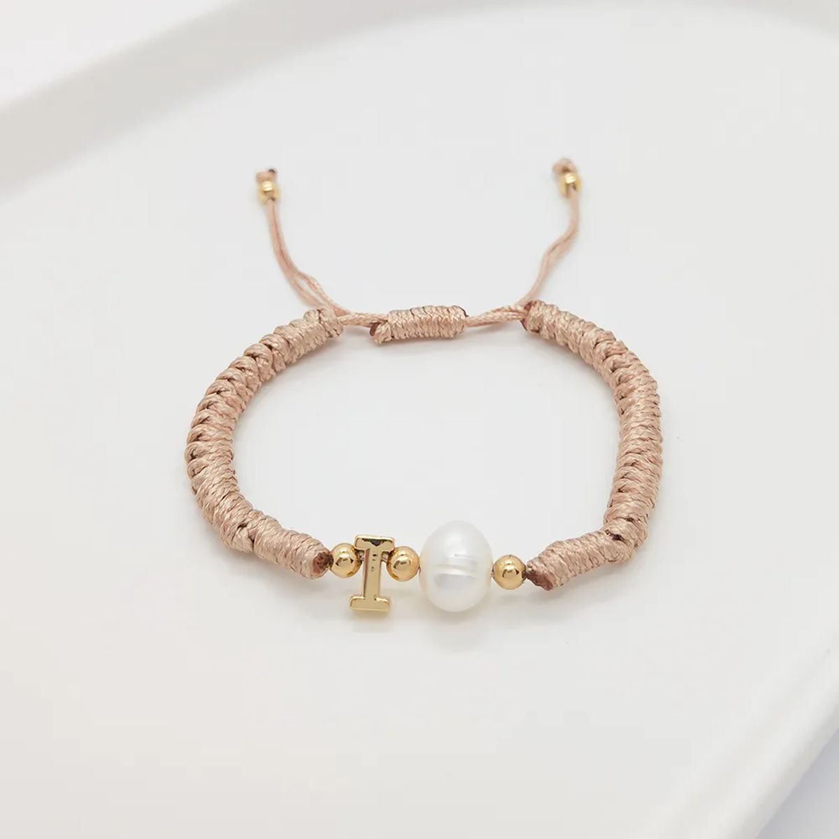 A Personalised Letter Alphabet Initial Pearl Braided Beige Rope Adjustable Thread Bracelet
