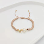 A Personalised Letter Alphabet Initial Pearl Braided Beige Rope Adjustable Thread Bracelet