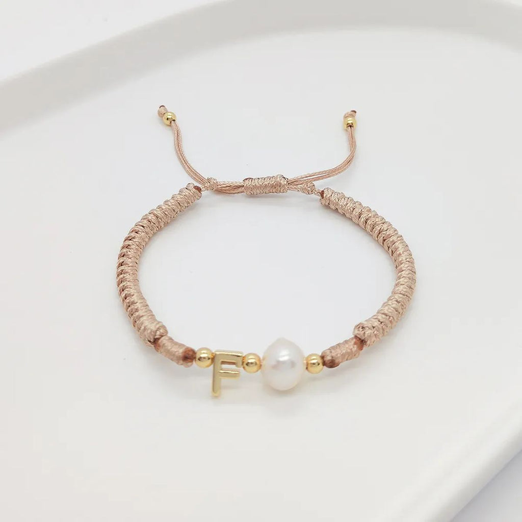 A Personalised Letter Alphabet Initial Pearl Braided Beige Rope Adjustable Thread Bracelet