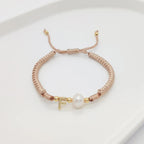 A Personalised Letter Alphabet Initial Pearl Braided Beige Rope Adjustable Thread Bracelet