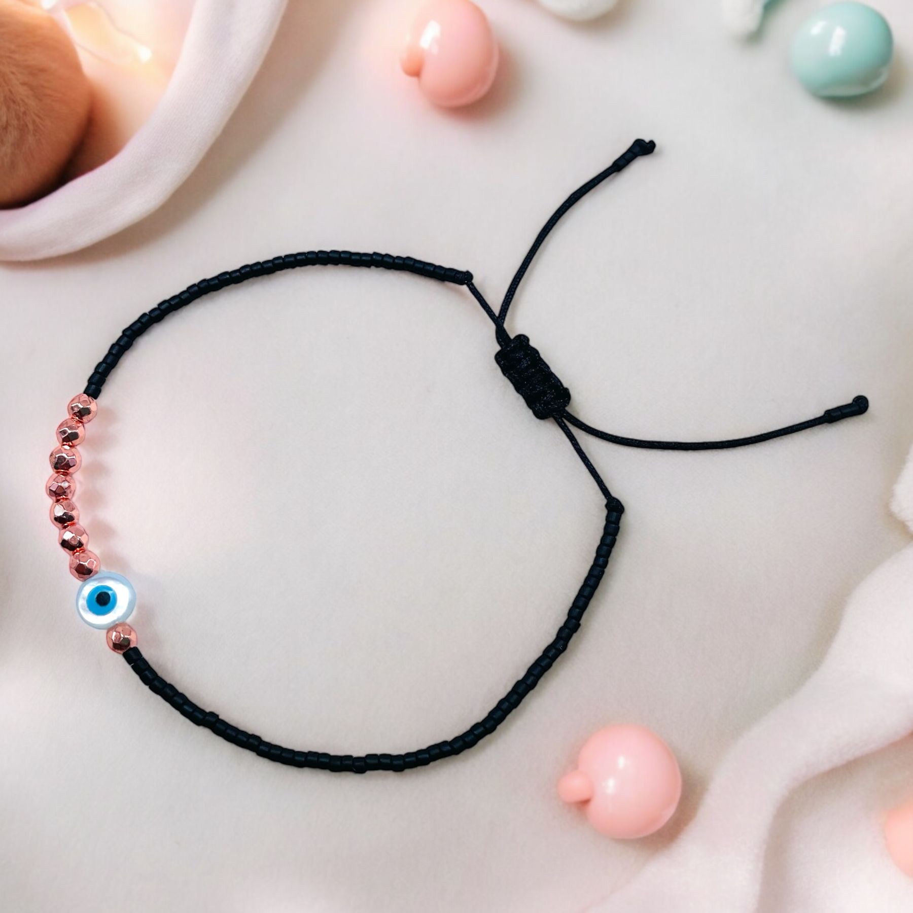 Evil Eye Mother Of Pearl Beads Black Rose Gold Anti Tarnish Slim Adjustable Threads Bracelet For Women Secondary image
