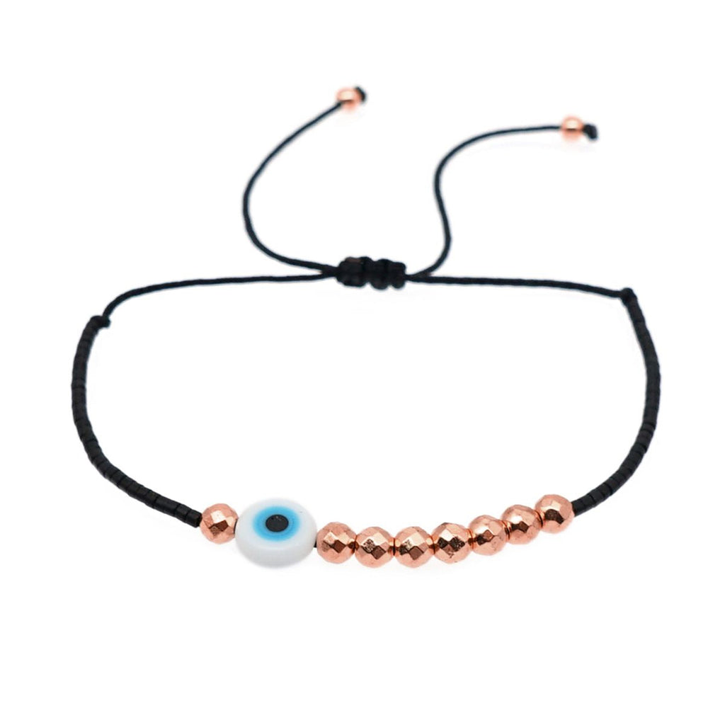 Evil Eye Mother Of Pearl Beads Black Rose Gold Anti Tarnish Slim Adjustable Threads Bracelet For Women