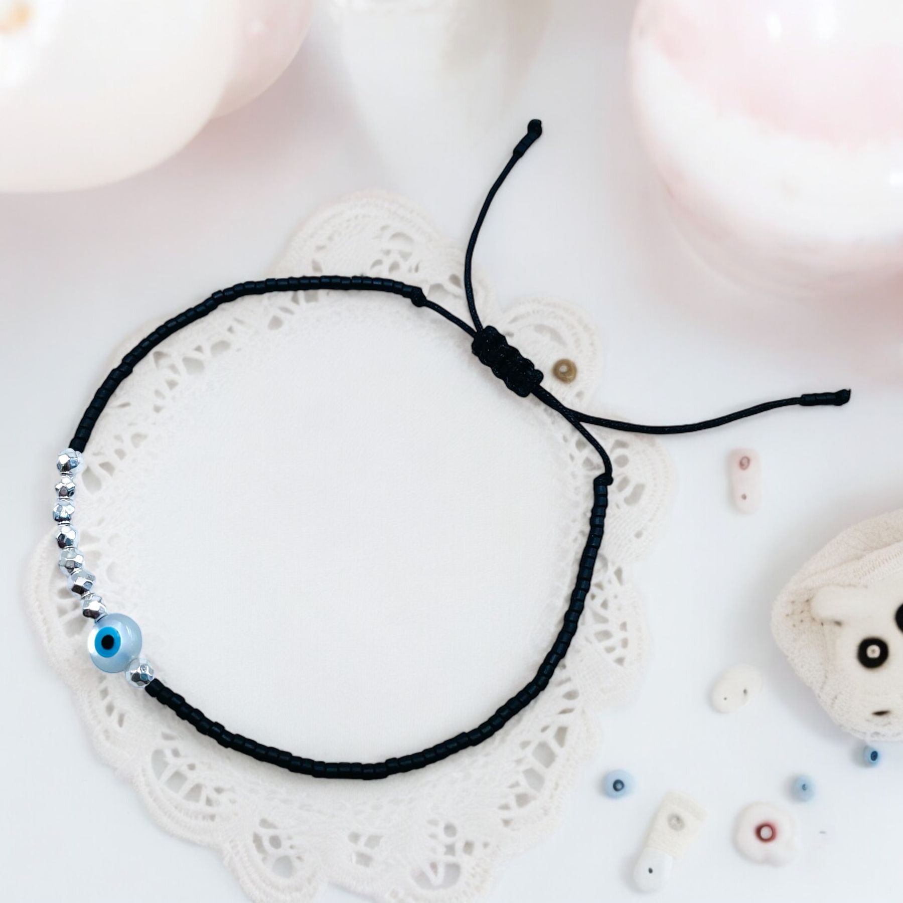 Evil Eye Mother Of Pearl Beads Black Rose Gold Anti Tarnish Slim Adjustable Threads Bracelet For Women Main image