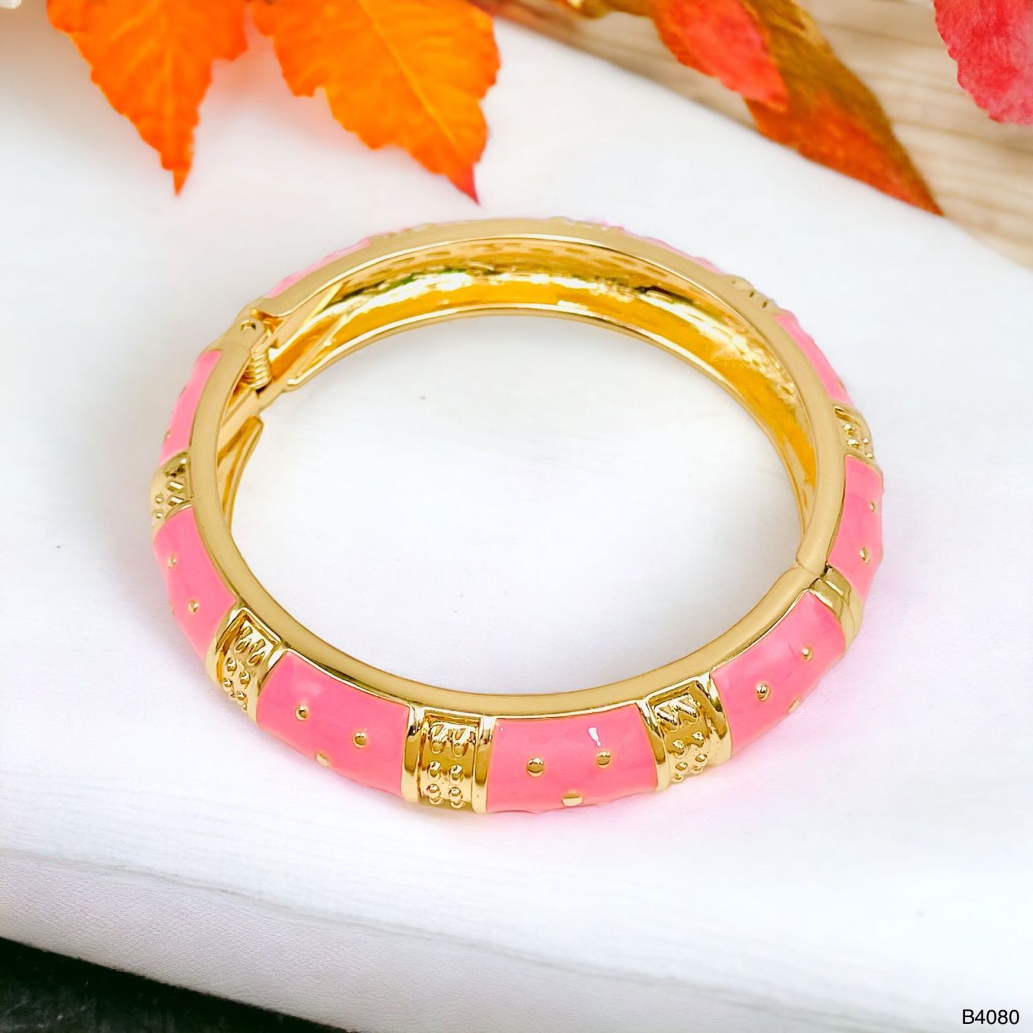 Traditional Enamel Pink 18K Gold Anti Tarnish Openable Kada Women Bulk