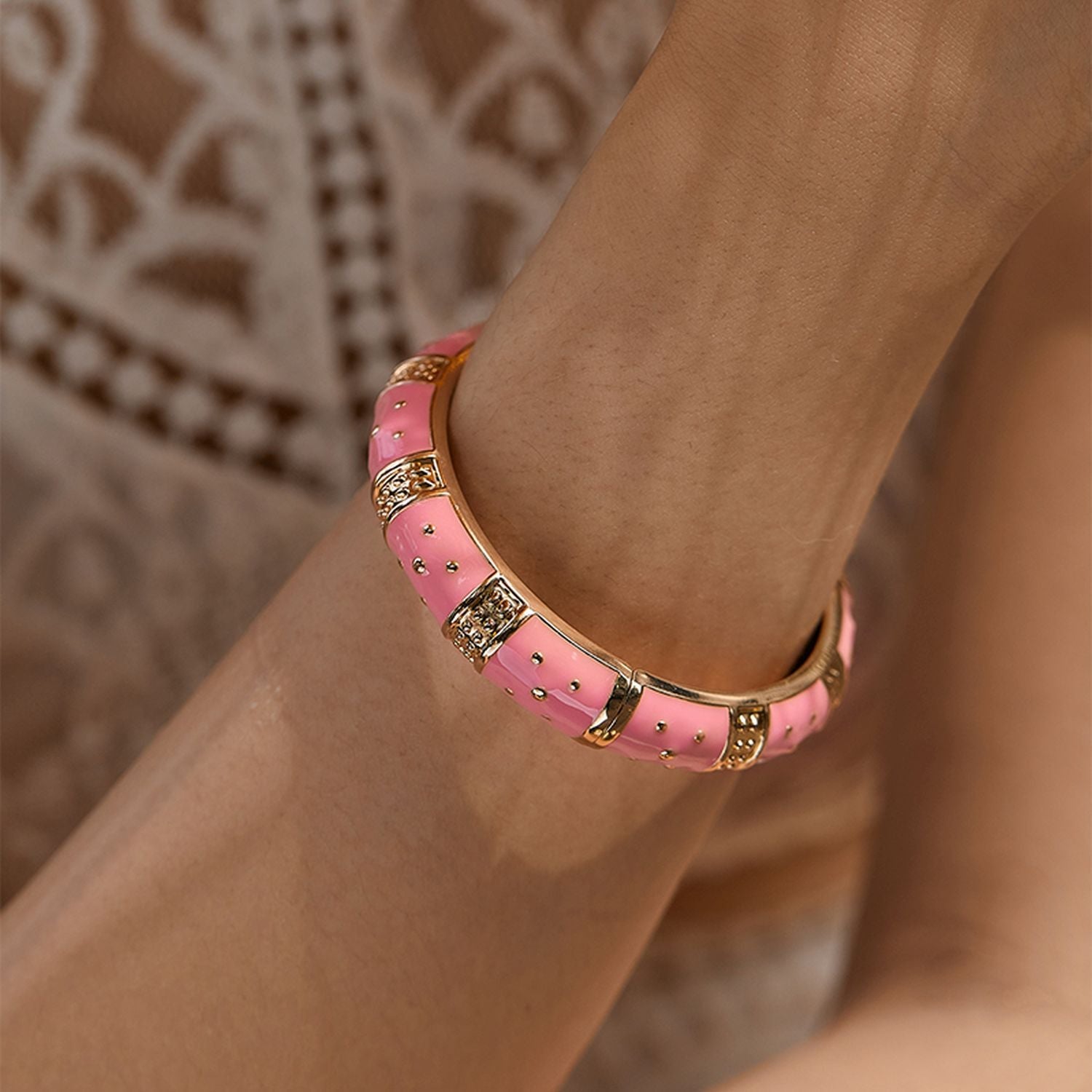 Traditional Enamel Pink 18K Gold Anti Tarnish Openable Kada Women Bulk