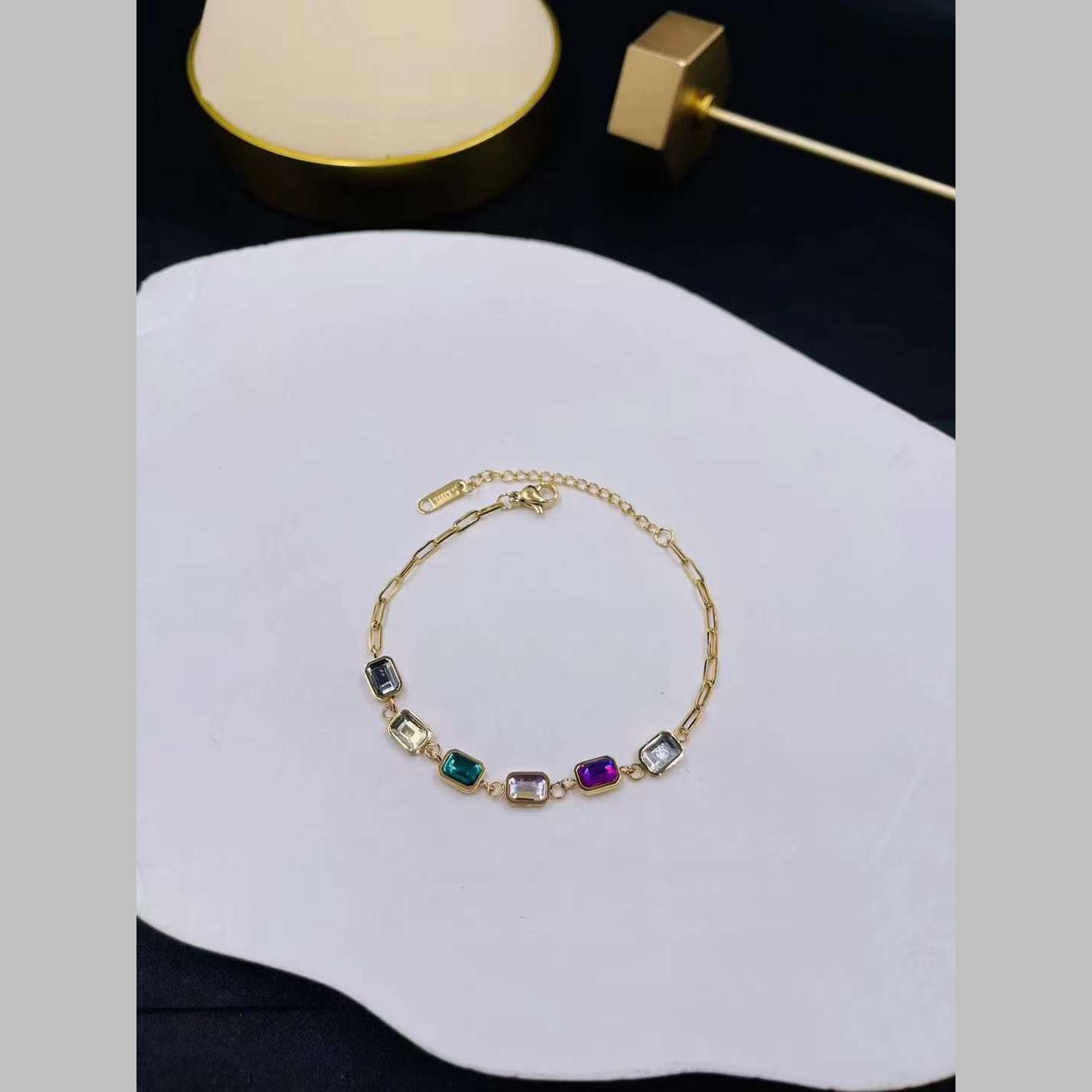 Radiant Rainbow Cubic Zirconia Crystal Multicolor 18K Gold Anti Tarnish Stainless Steel Chain Bracelet For Women Main image