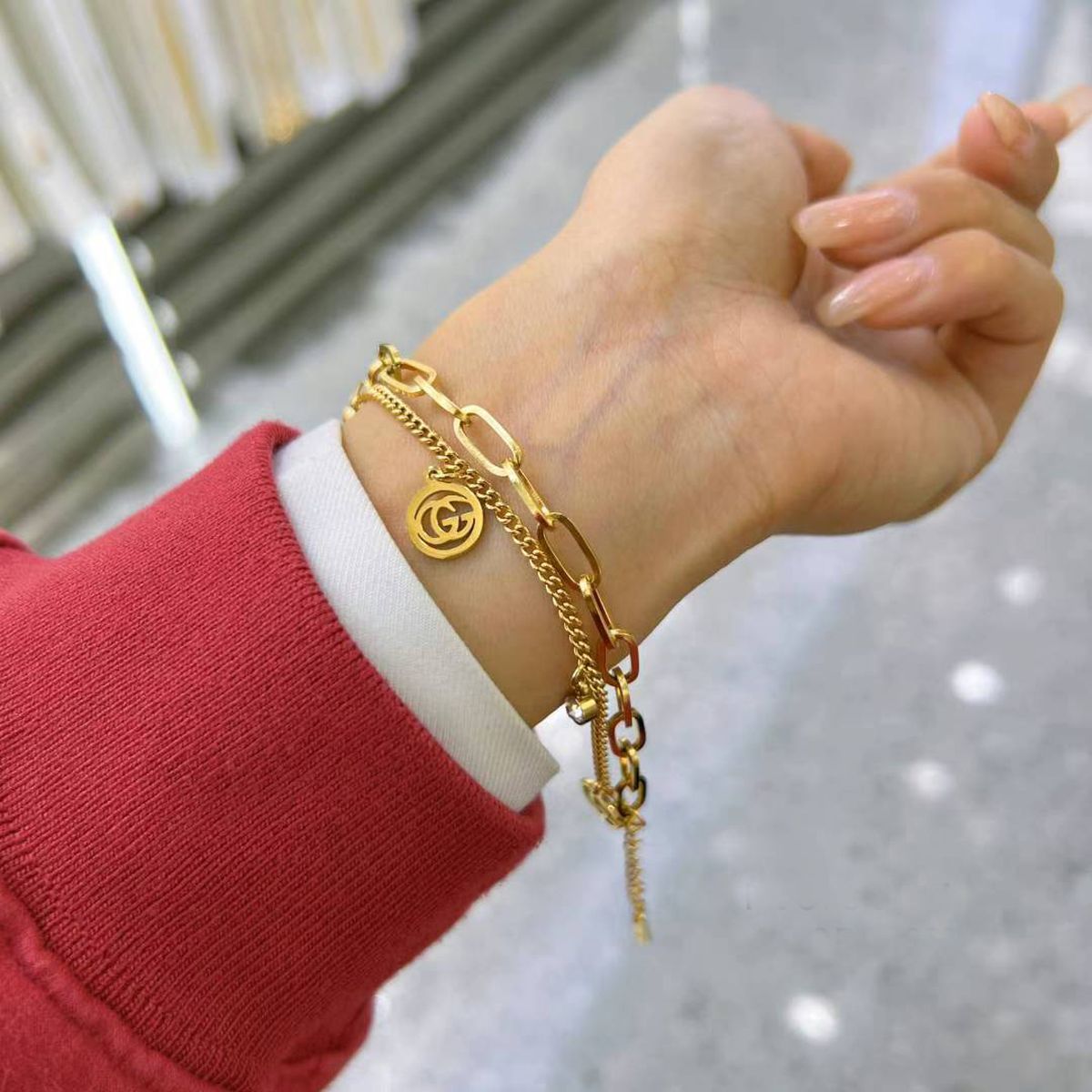 Dual Layer CZ Gold Anti Tarnish Stainless Steel Chain Bracelet Bulk Main image