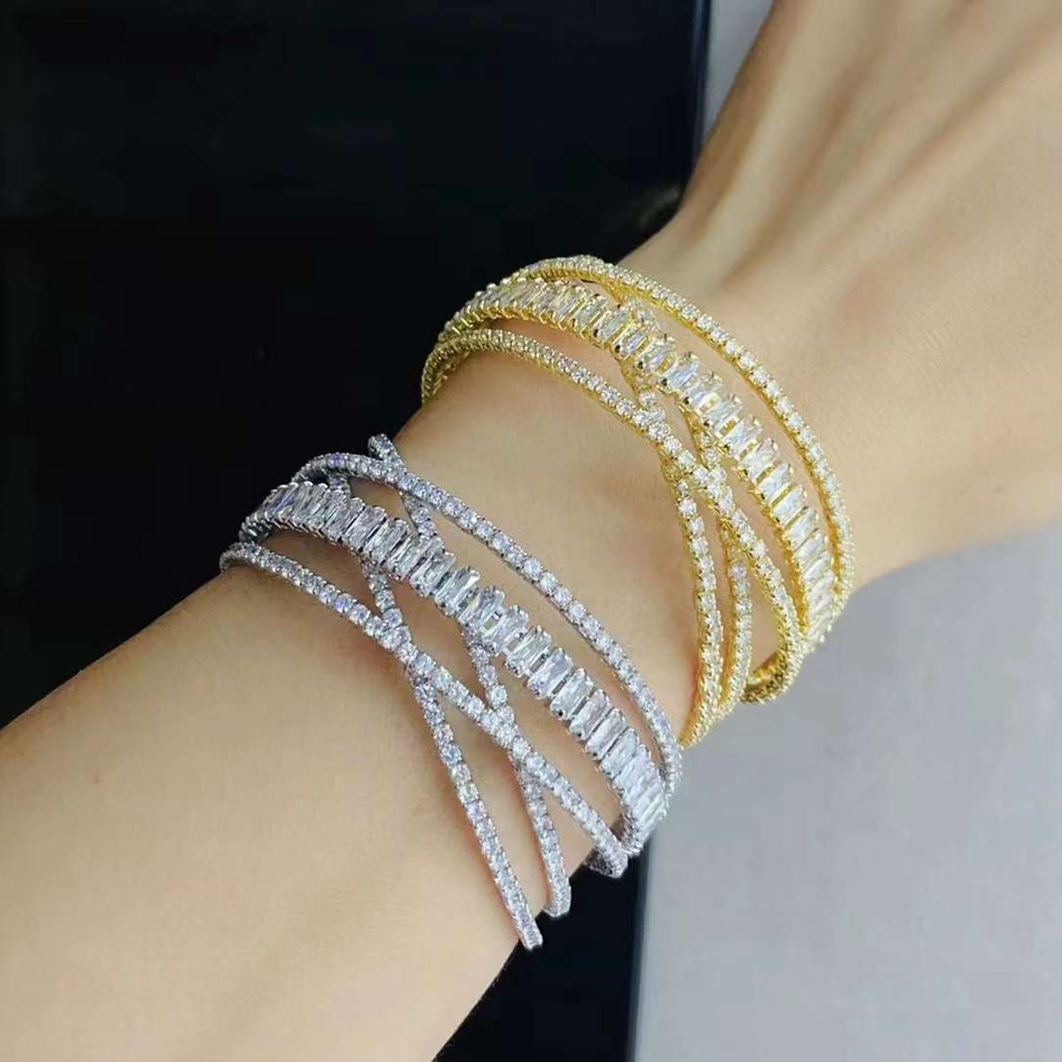 Cross Over Baguette CZ 18K Gold Anti Tarnish Bracelet Cuff Bulk