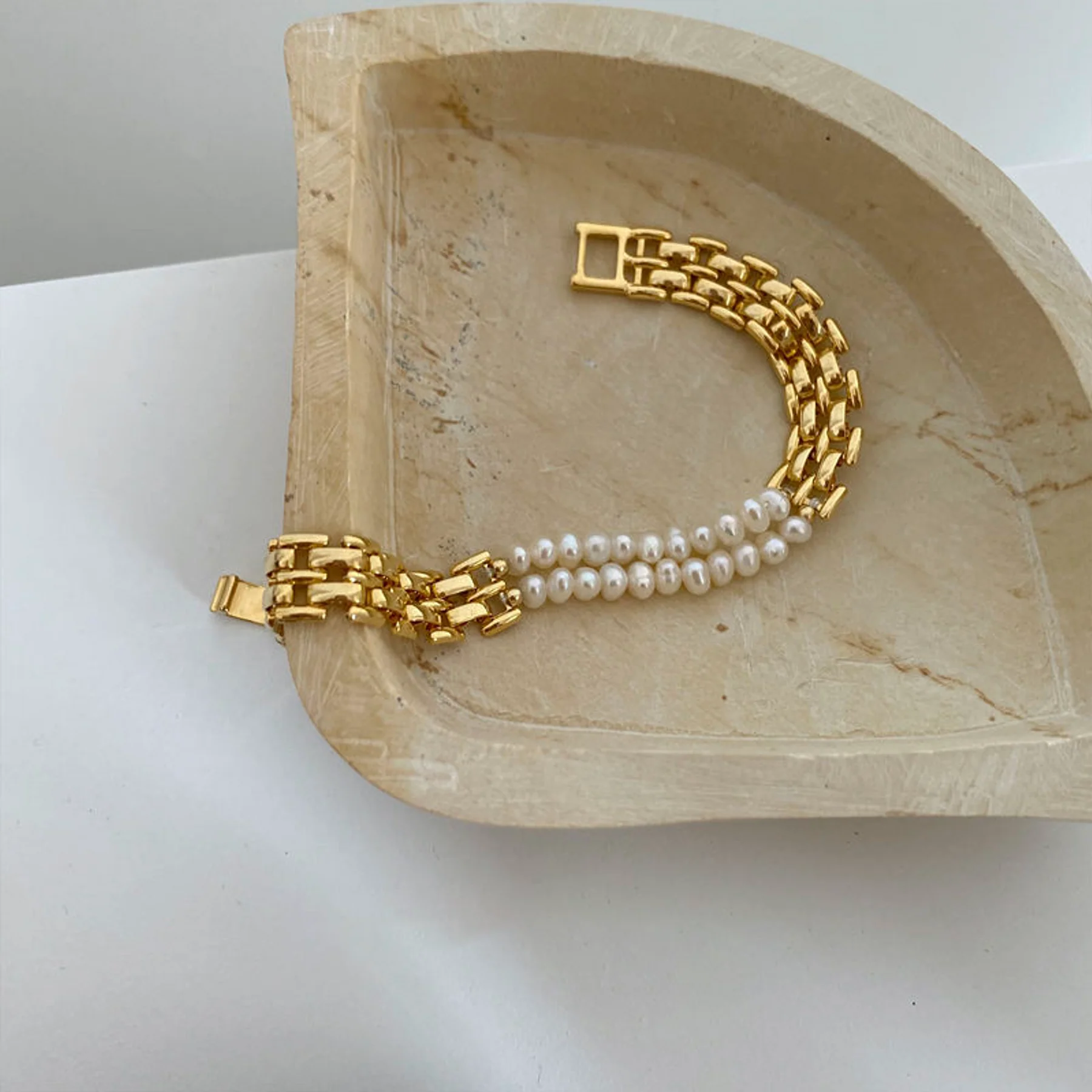 Dual Layer Pearl White Gold Stainless Steel Anti Tarnish Bracelet Bulk