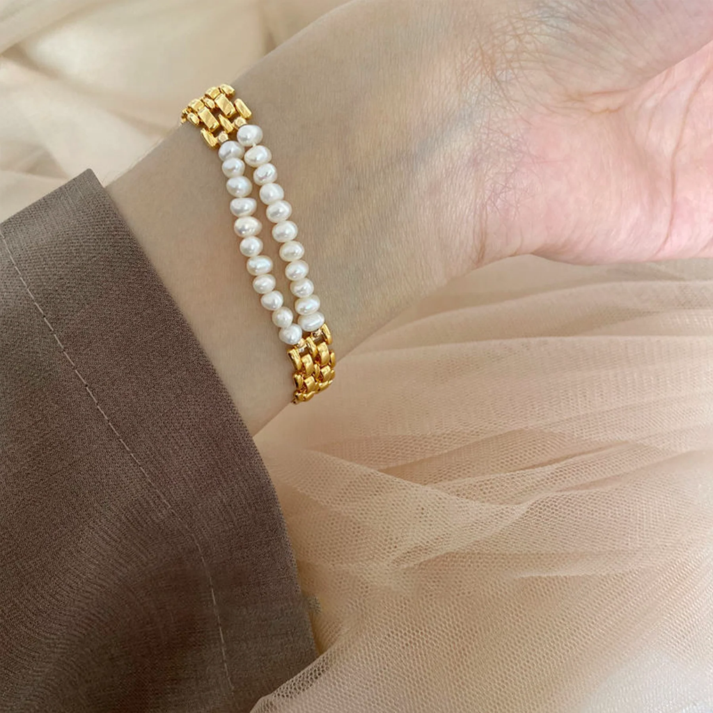 Dual Layer Pearl White Gold Stainless Steel Anti Tarnish Bracelet Bulk