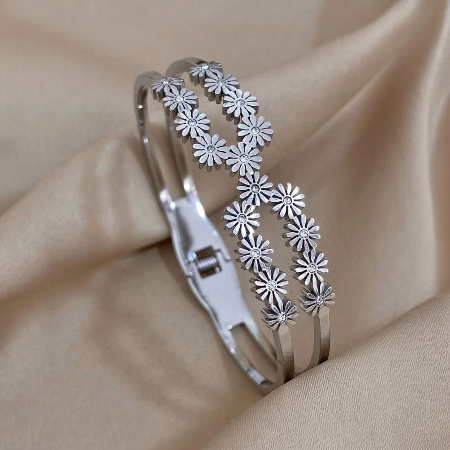 Daisy Flower CZ Silver Anti Tarnish Openable Kada Bracelet Bulk Main image
