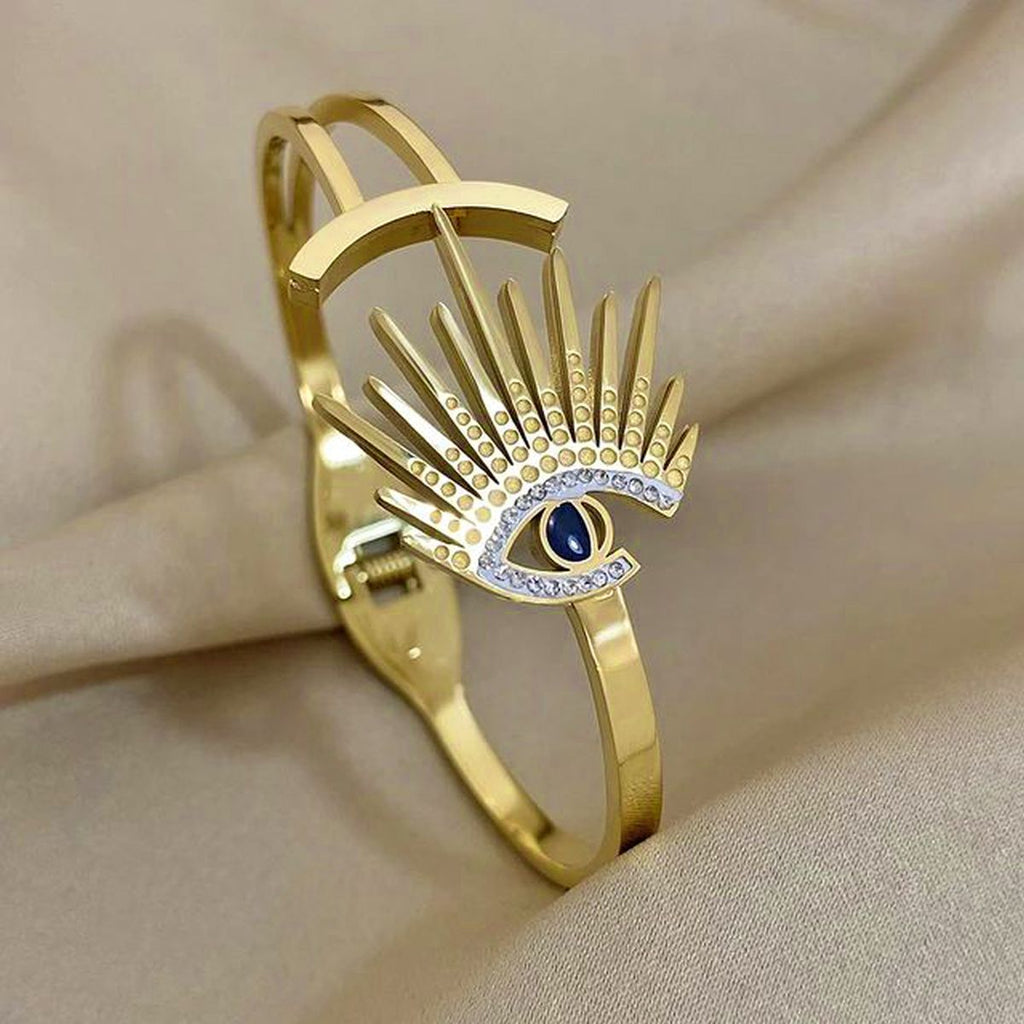 Eyelash Evil Eye CZ 18K Gold Anti Tarnish Openable Kada Bracelet Bulk