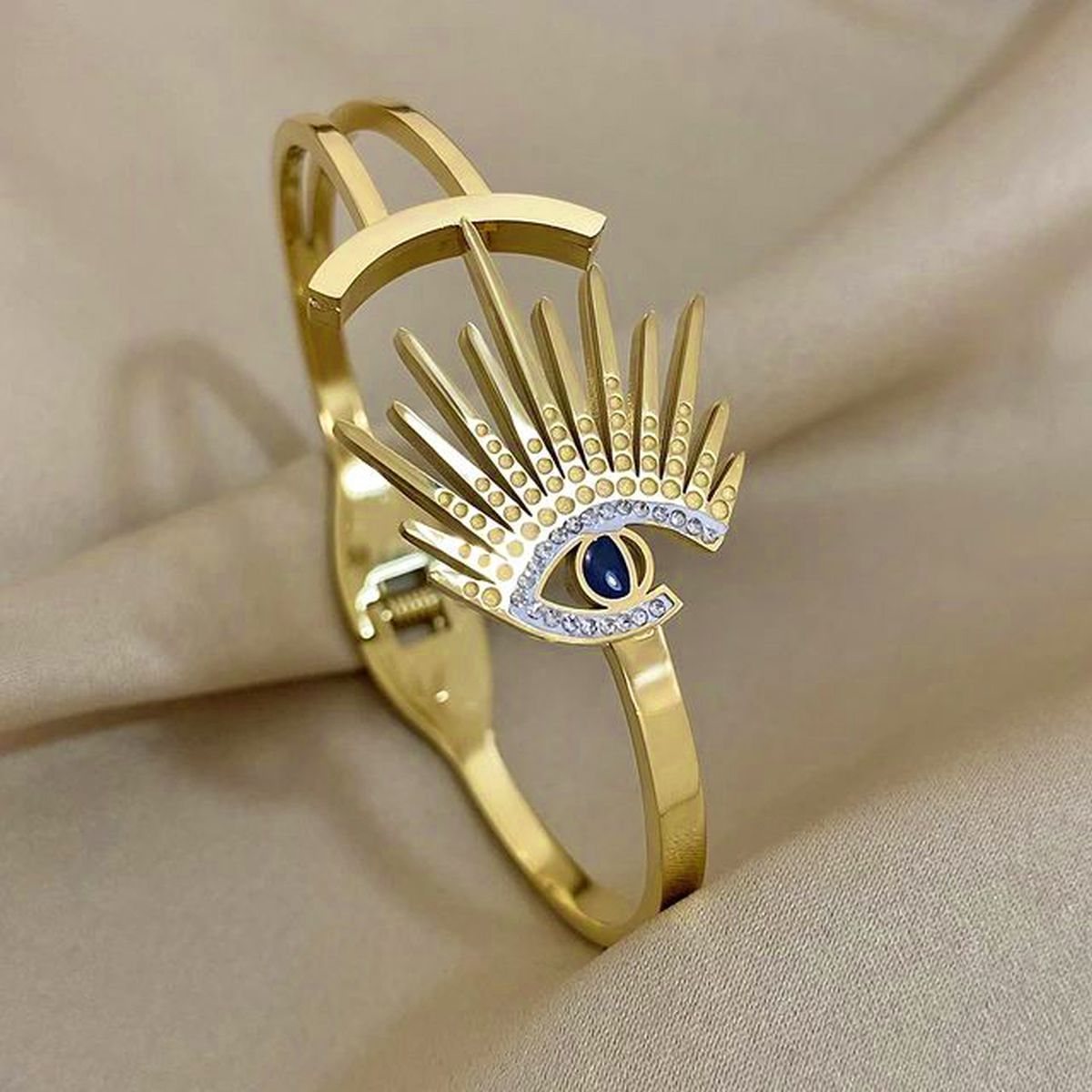 Eyelash Evil Eye CZ 18K Gold Anti Tarnish Openable Kada Bracelet Bulk