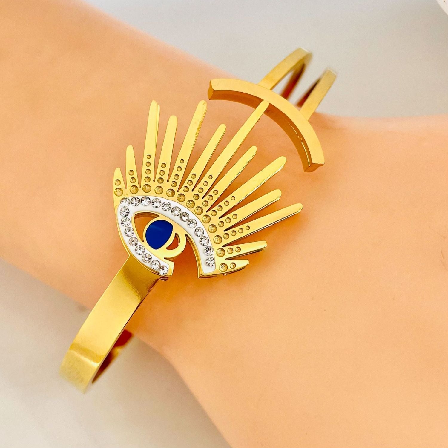 Eyelash Evil Eye CZ 18K Gold Anti Tarnish Openable Kada Bracelet Bulk