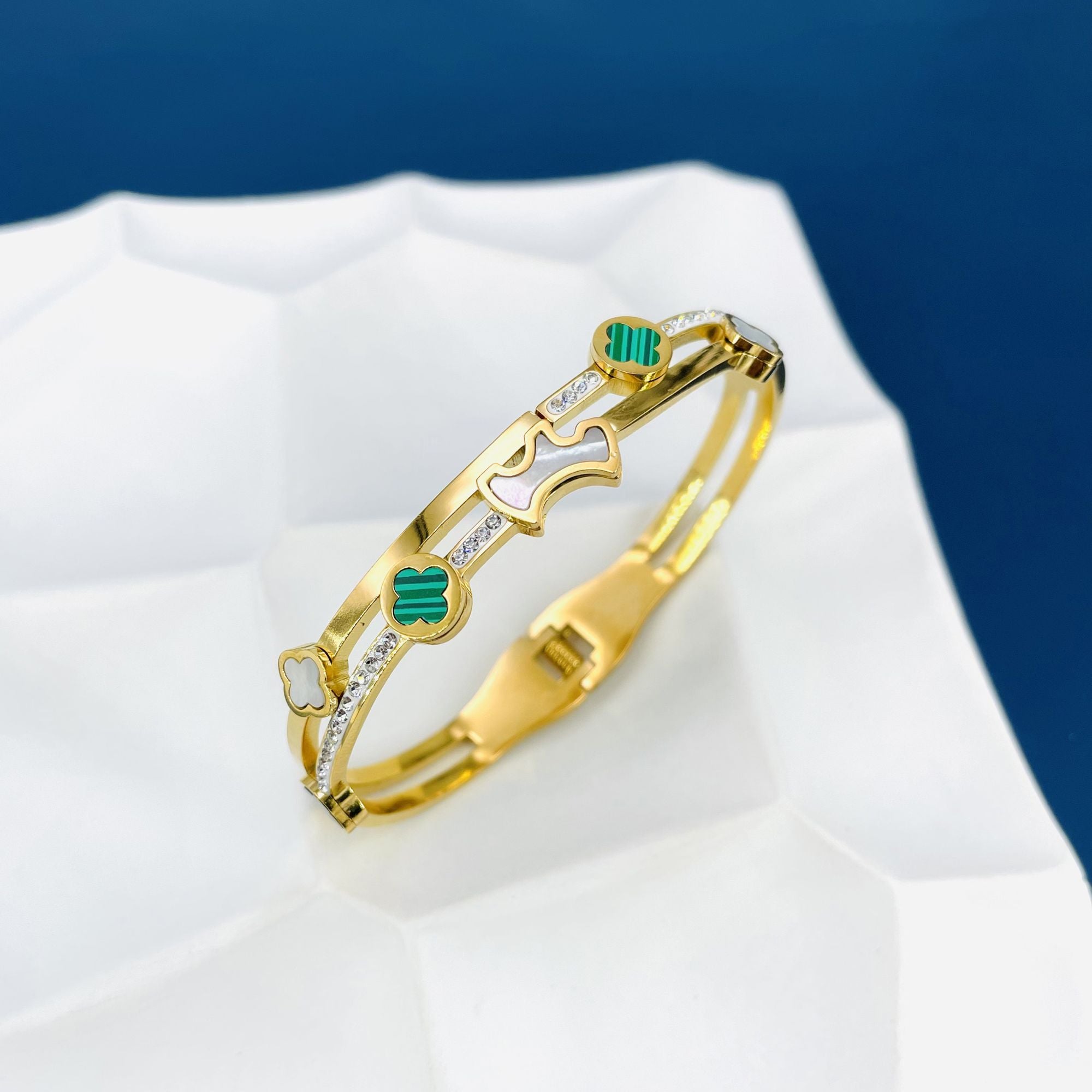 Clover Cubic Zirconia Mother Of Pearl Multi 18K Gold Anti Tarnish Openable Kada Bracelet For Women Main image