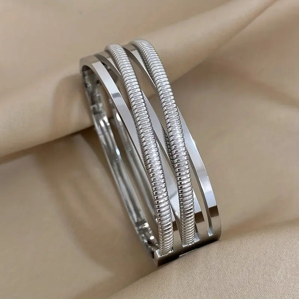 Dual Cross Over Layer Silver Anti Tarnish Openable Kada Bracelet Bulk
