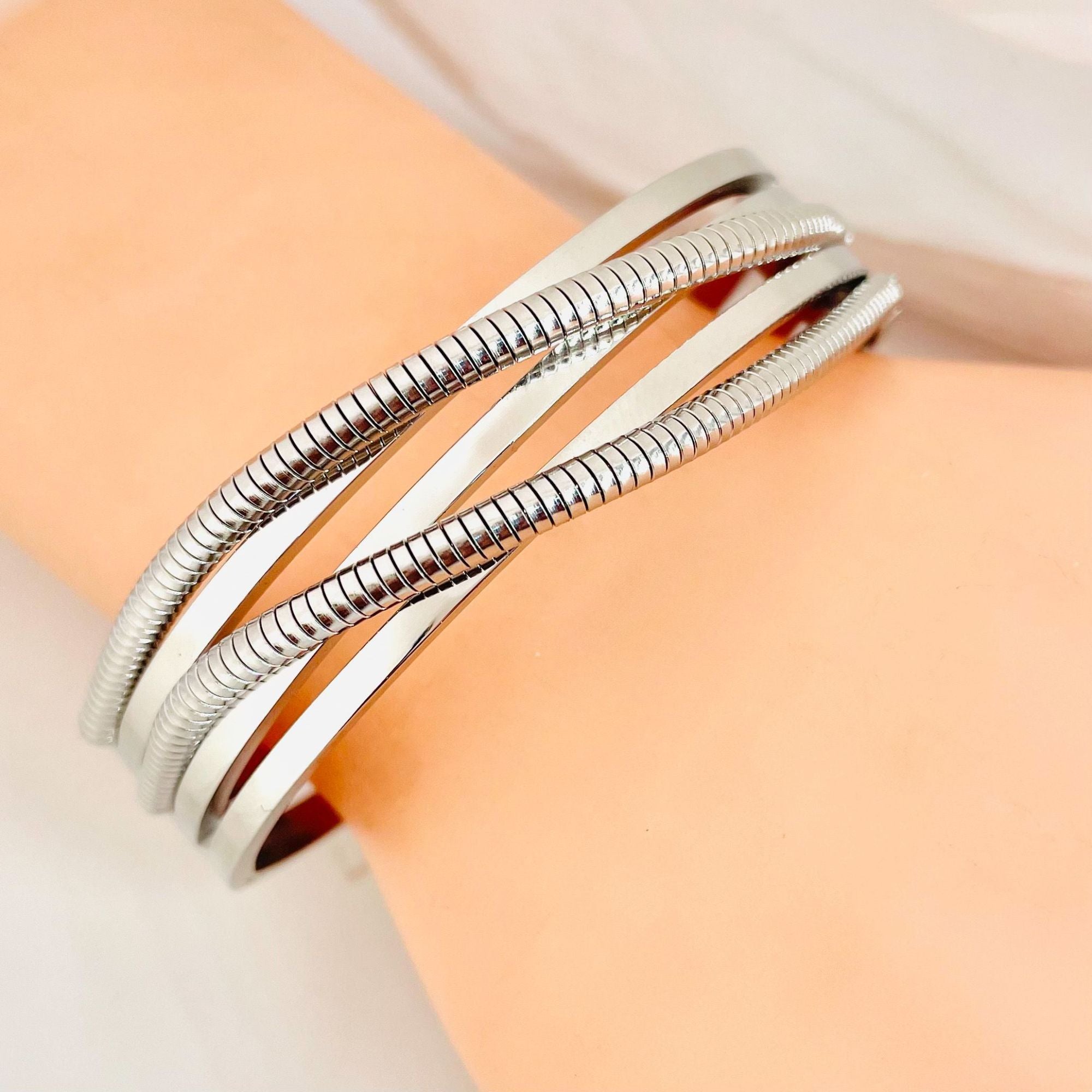 Dual Cross Over Layer Silver Anti Tarnish Openable Kada Bracelet Bulk