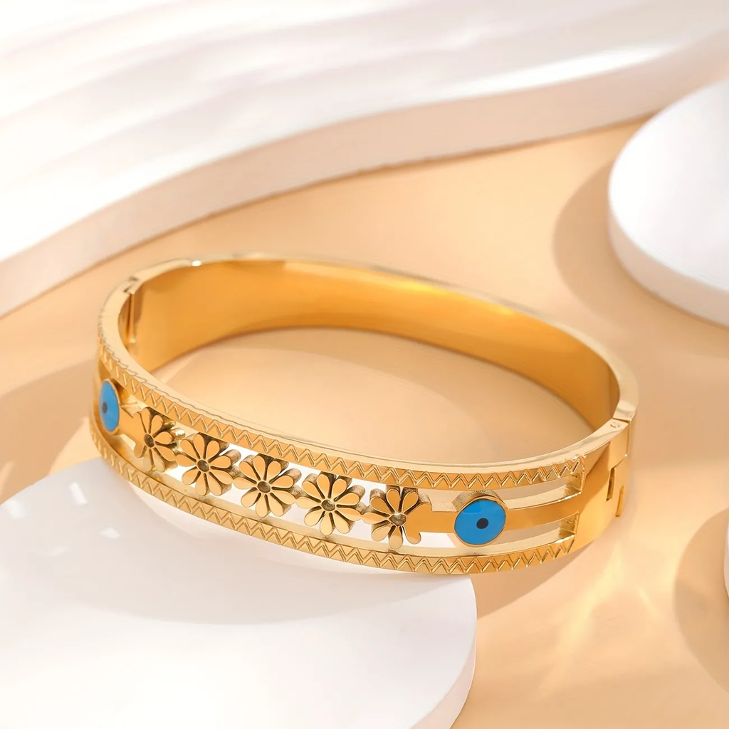 Daisy Flower Evil Eye Enamel Blue Silver Anti Tarnish Openable Kada Bracelet For Women