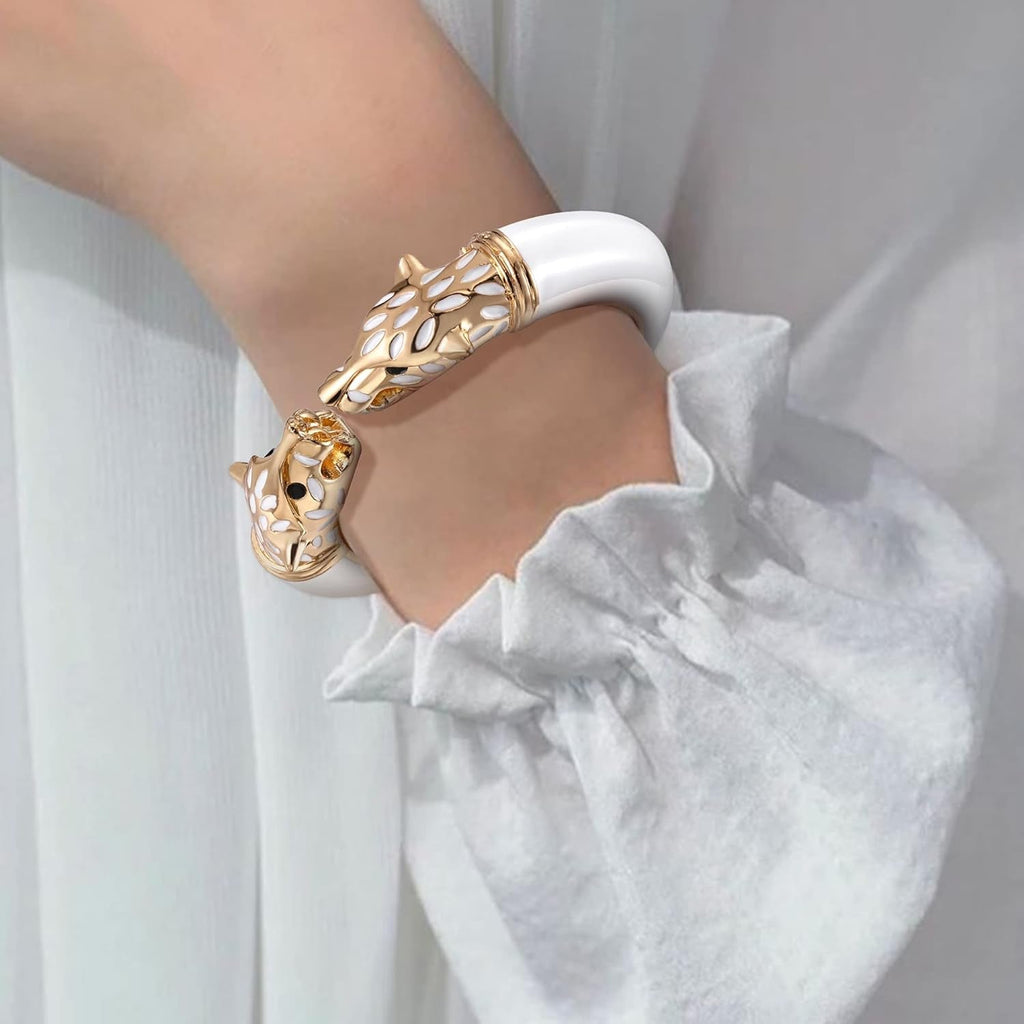 Panther Enamel White 18K Gold Anti Tarnish Openable Kada Bracelet Bulk