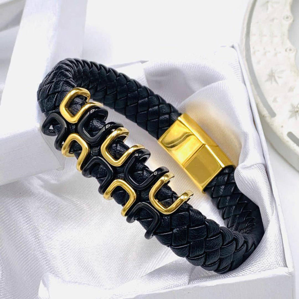Rope Black Gold Stainless Steel Anti Tarnish Leather Bracelet Bulk