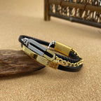 Rope Dual Layer Black 18K Gold Silver Stainless Steel Anti Tarnish Link Chain Leather ID Bracelet For Men