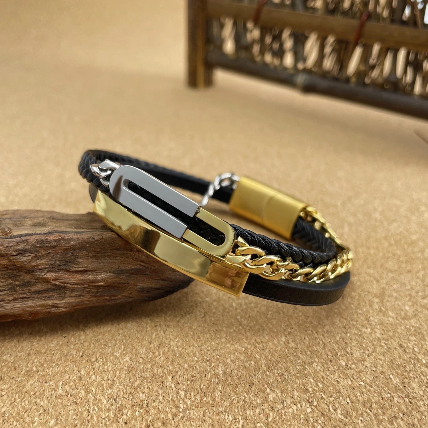 Rope Dual Layer Black 18K Gold Silver Stainless Steel Anti Tarnish Link Chain Leather ID Bracelet For Men