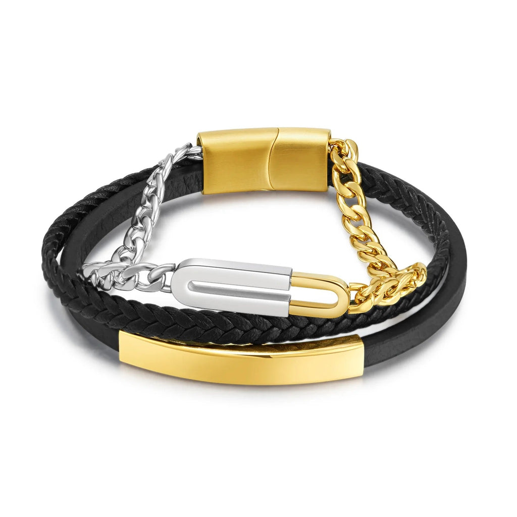 Rope Dual Layer Black 18K Gold Silver Stainless Steel Anti Tarnish Link Chain Leather ID Bracelet For Men