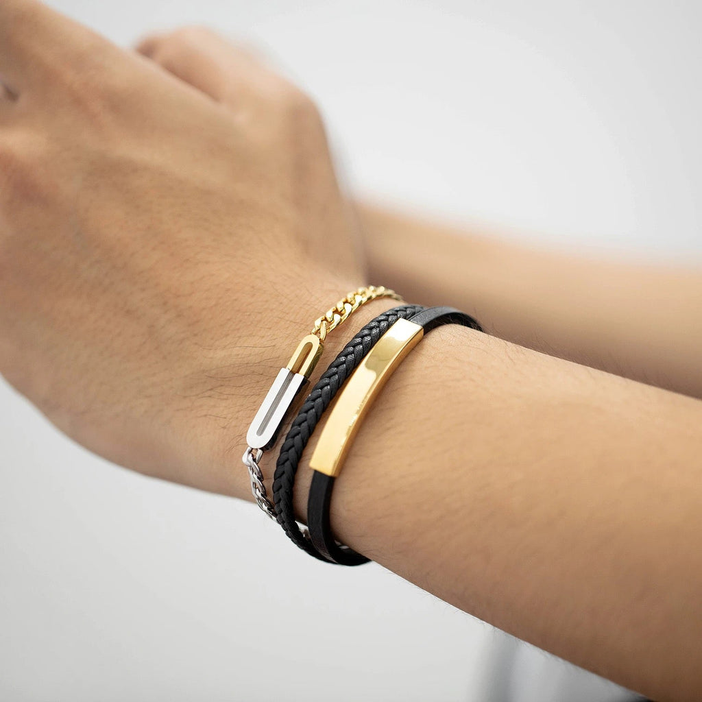 Rope Dual Layer Black 18K Gold Silver Stainless Steel Anti Tarnish Link Chain Leather ID Bracelet For Men