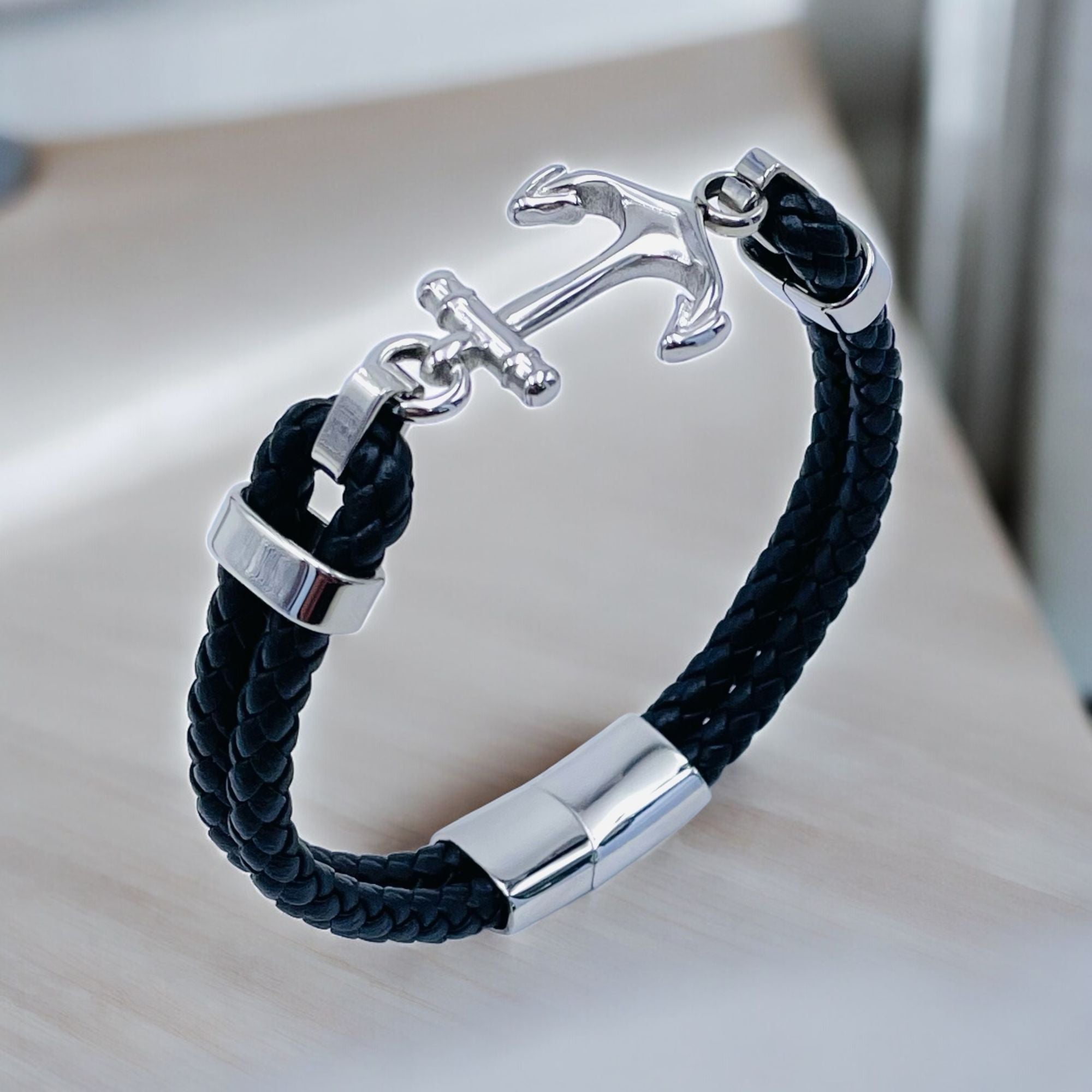 Anchor Dual layer Rope Black Silver Stainless Steel Anti Tarnish Leather Bracelet For Men Secondary image