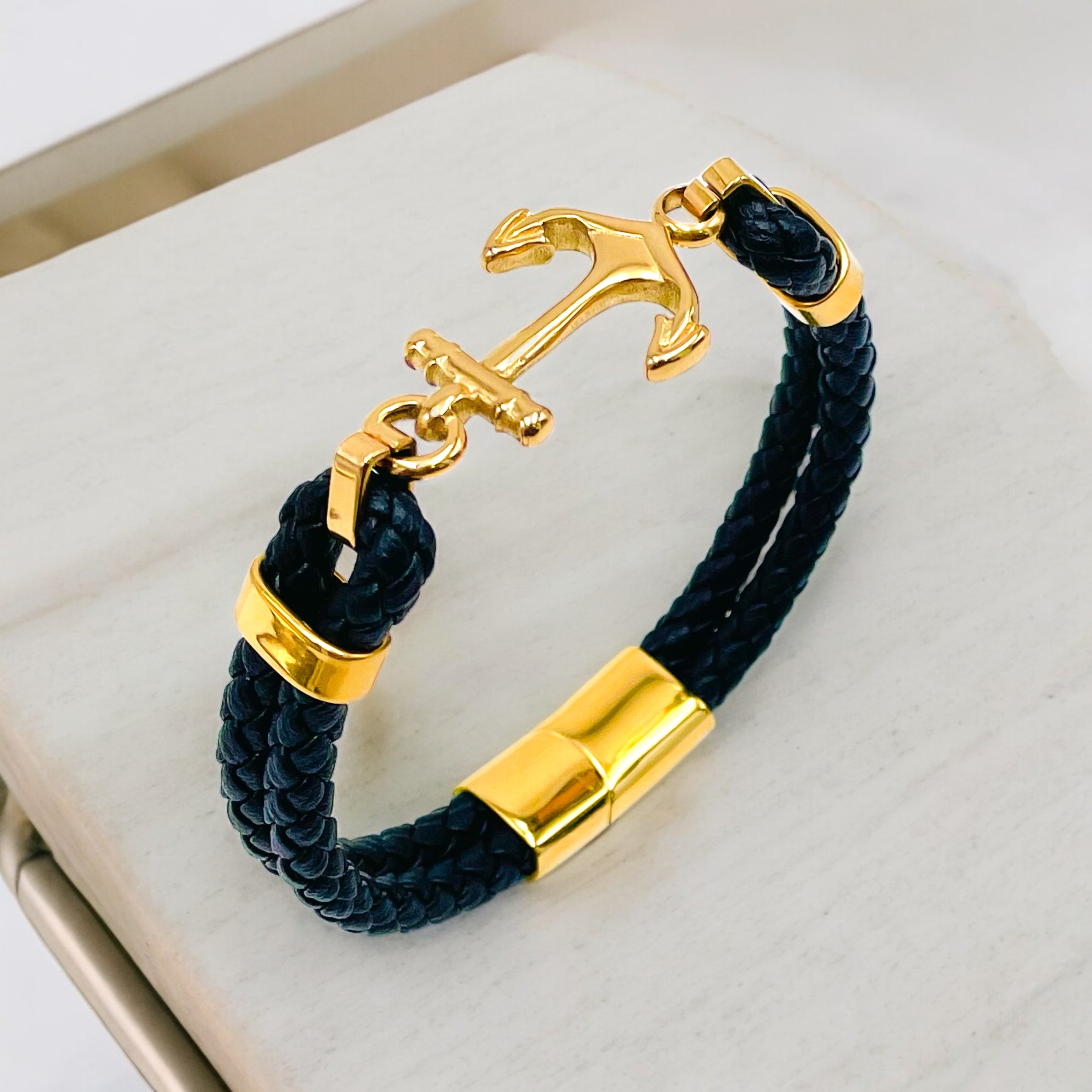 Anchor Dual layer Rope Black Silver Stainless Steel Anti Tarnish Leather Bracelet For Men Main image