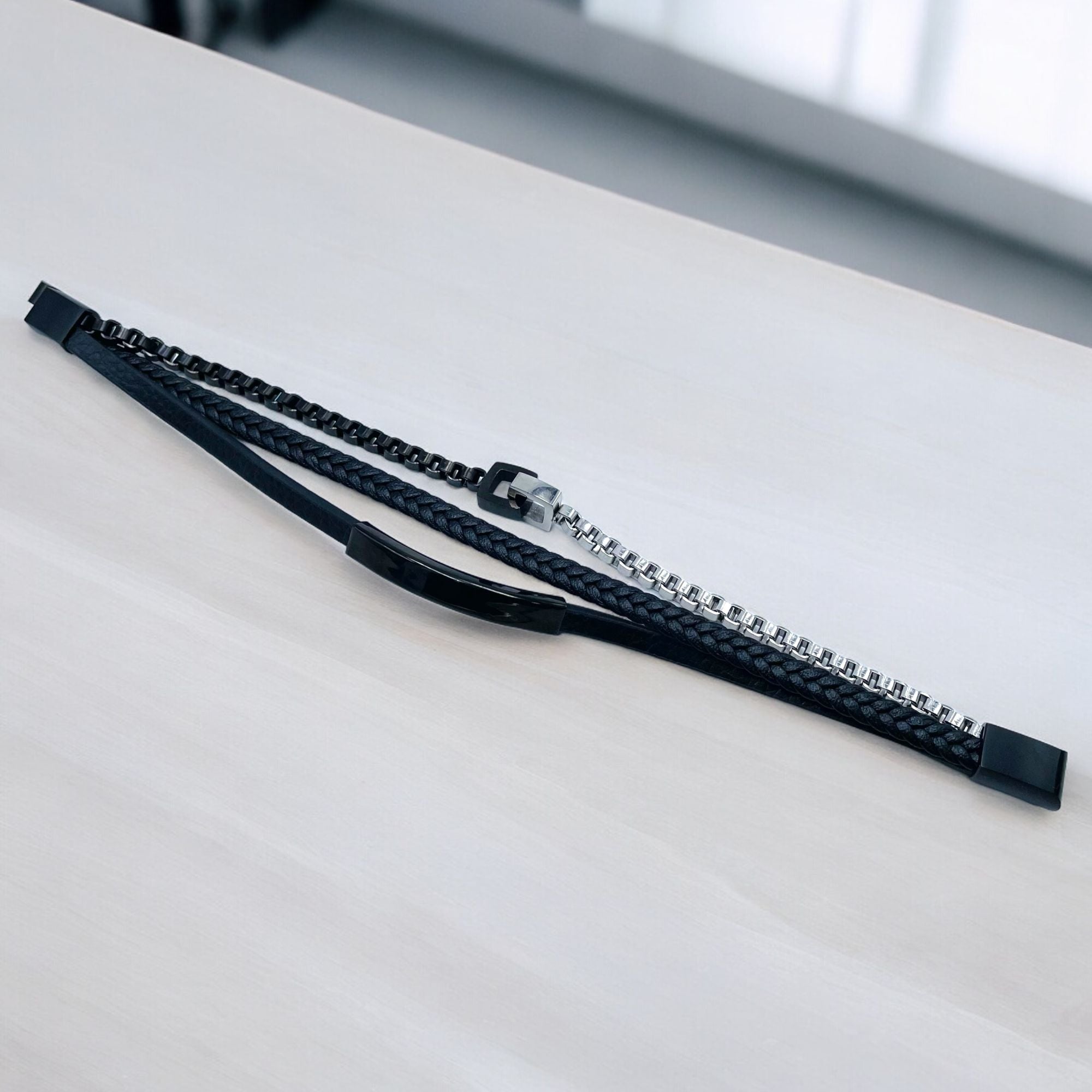 Rope Triple Layer Black Silver Stainless Steel Anti Tarnish Leather ID Bracelet For Men Main image