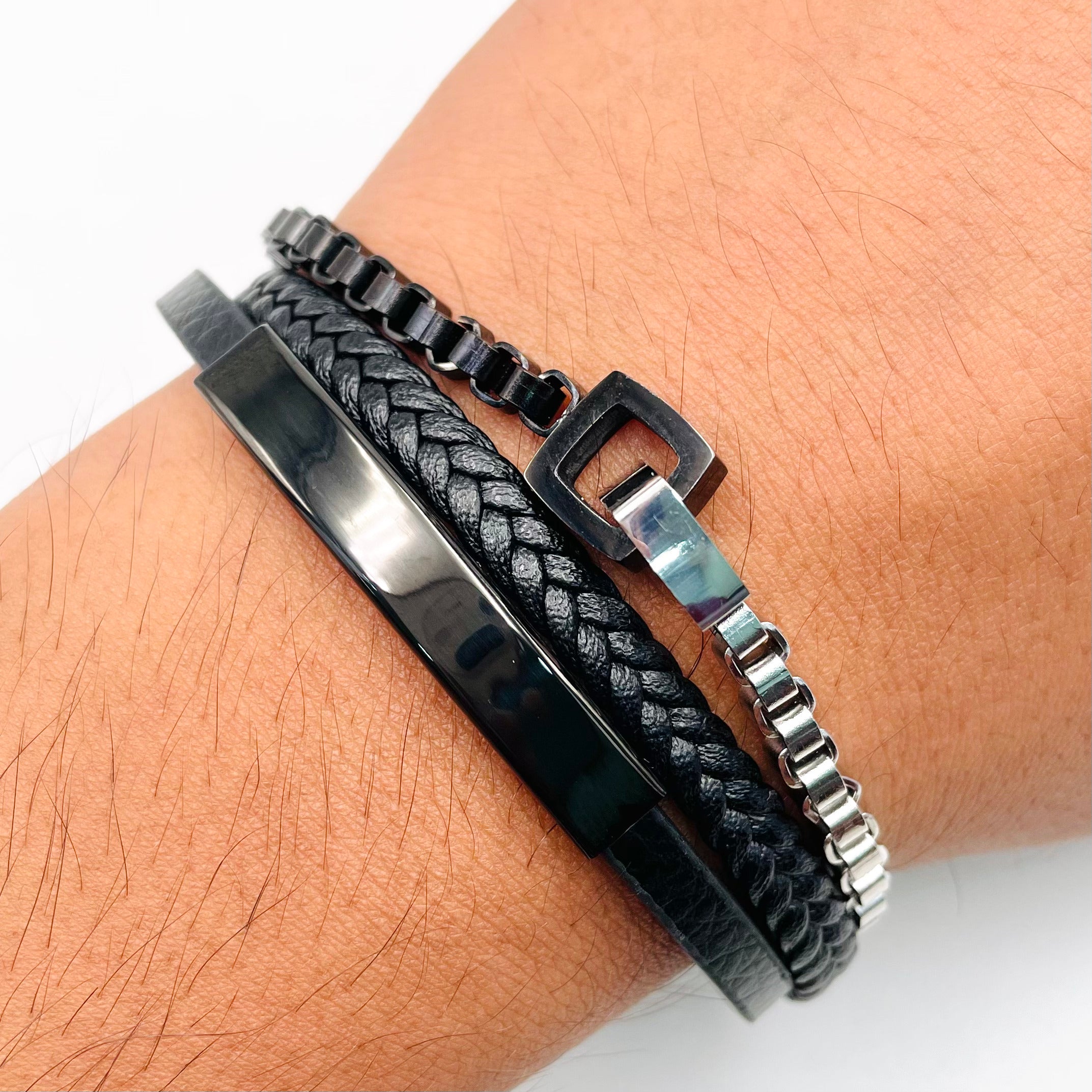 Rope Triple Layer Black Silver Stainless Steel Anti Tarnish Leather ID Bracelet For Men Secondary image