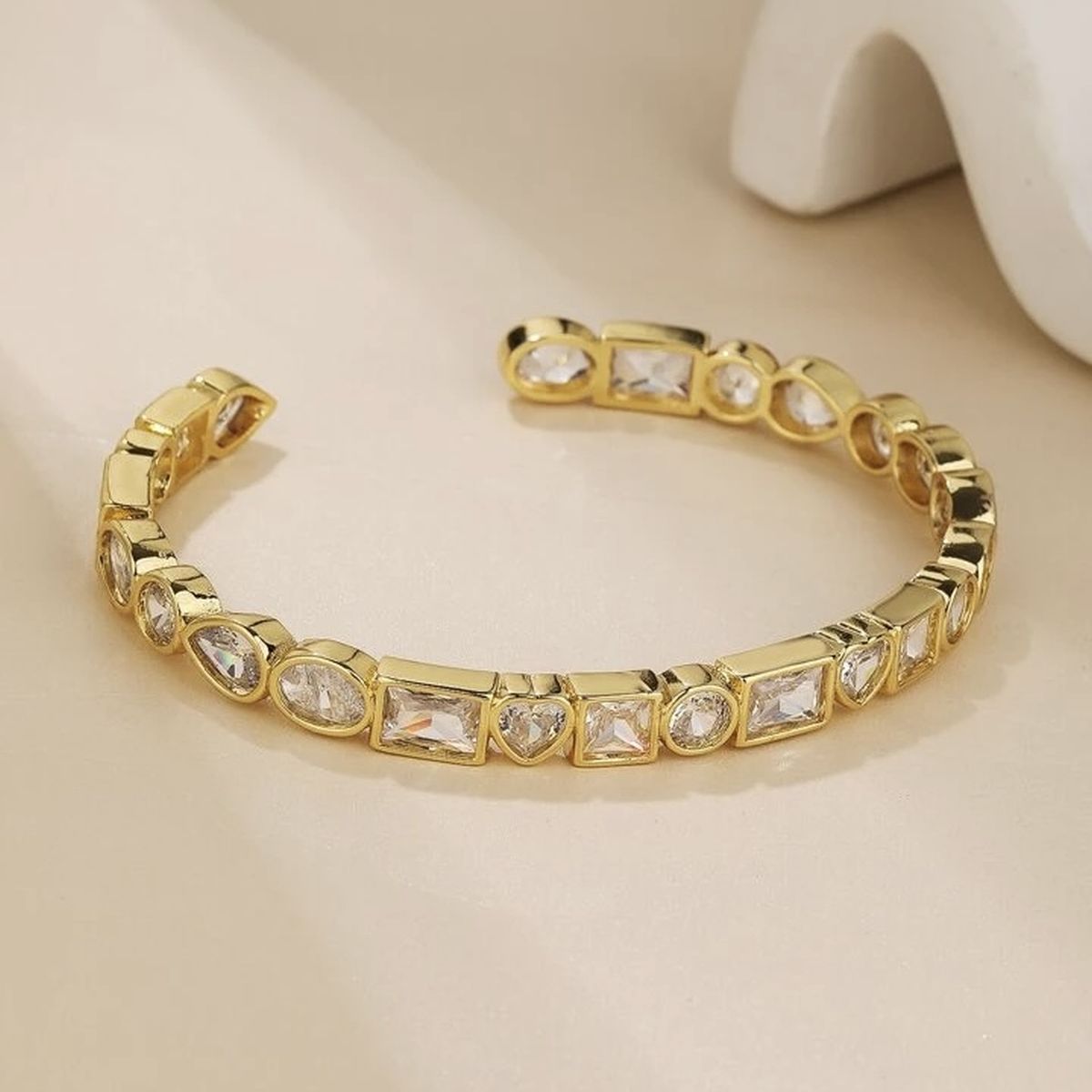 Heart Rectangle 18K Gold CZ Anti Tarnish Cuff Bracelet Bulk