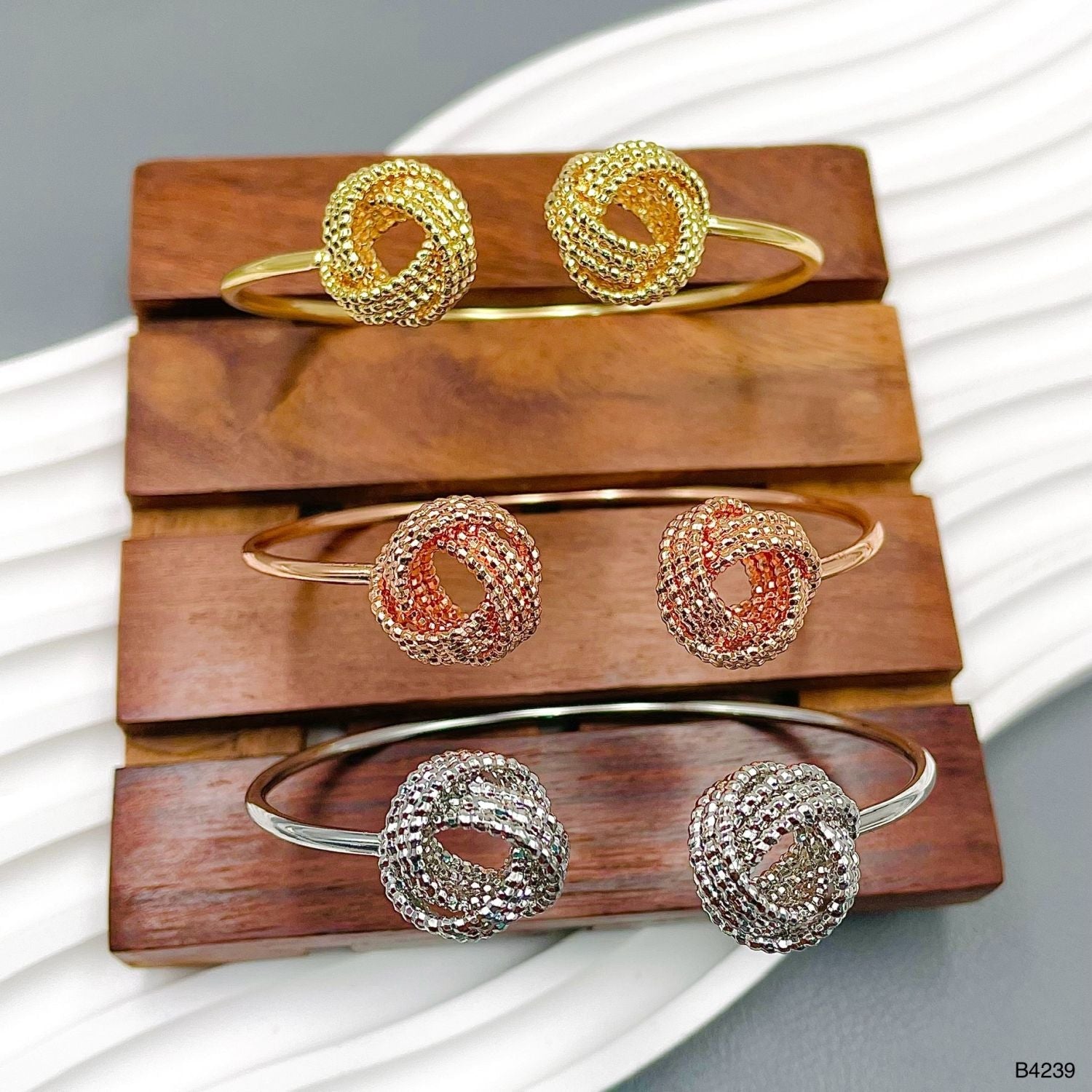 Knock Matte Finish 18K Gold Silver Rose Gold Anti Tarnish Cuff Bracelet Set Pack of 3 For Women Secondary image