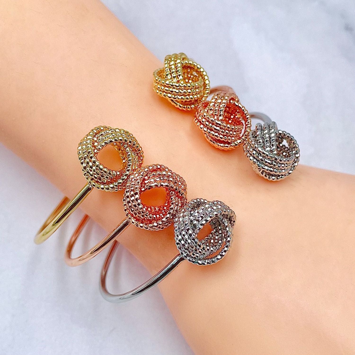 Knock Matte Finish 18K Gold Silver Rose Gold Anti Tarnish Cuff Bracelet Set Pack of 3 For Women Main image