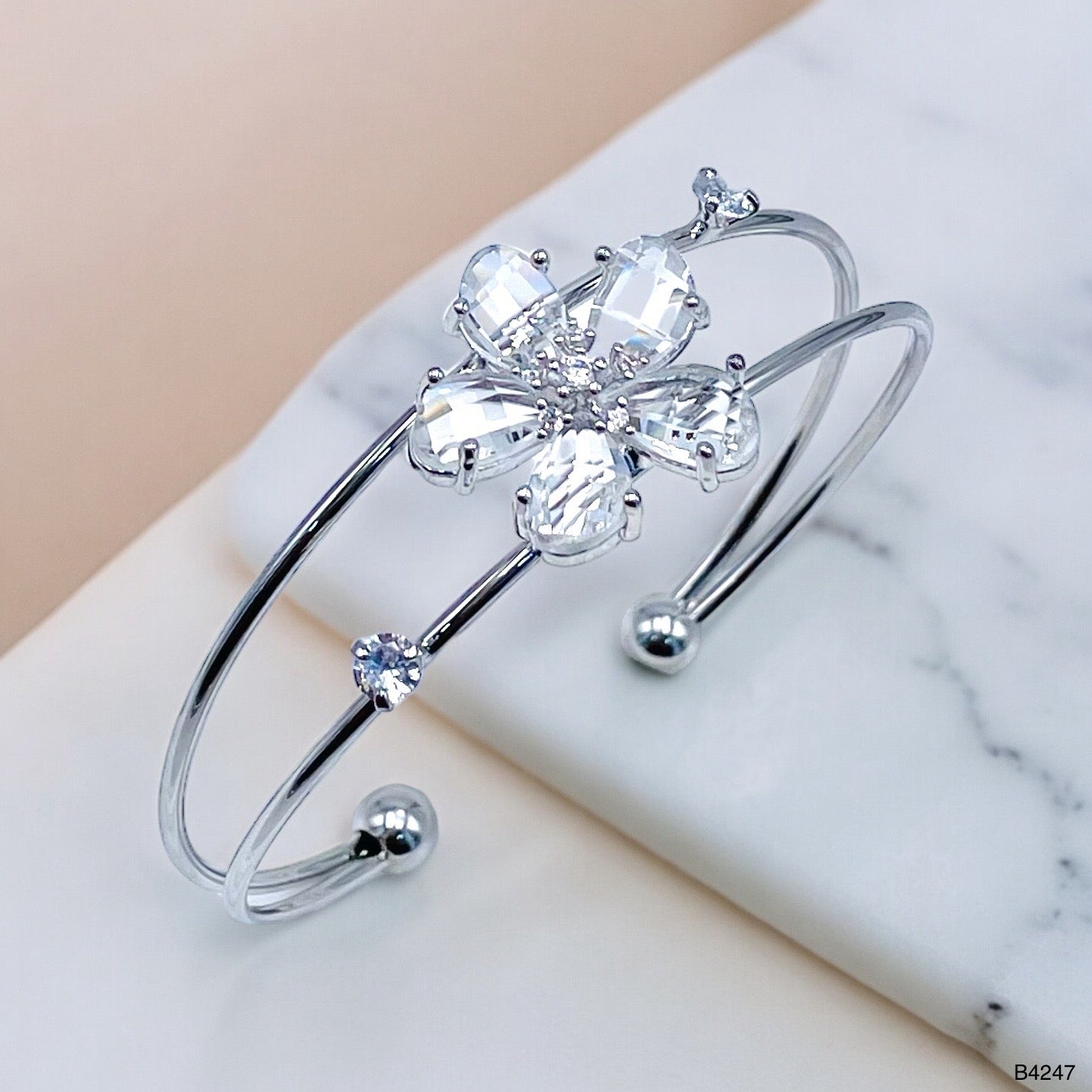 Flower White Silver CZ Copper Anti Tarnish Cuff Bracelet Bulk